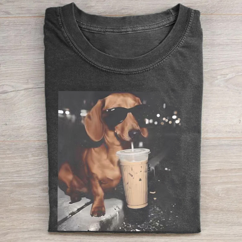 Funny Dachshund Drinking Iced Coffee T-shirt