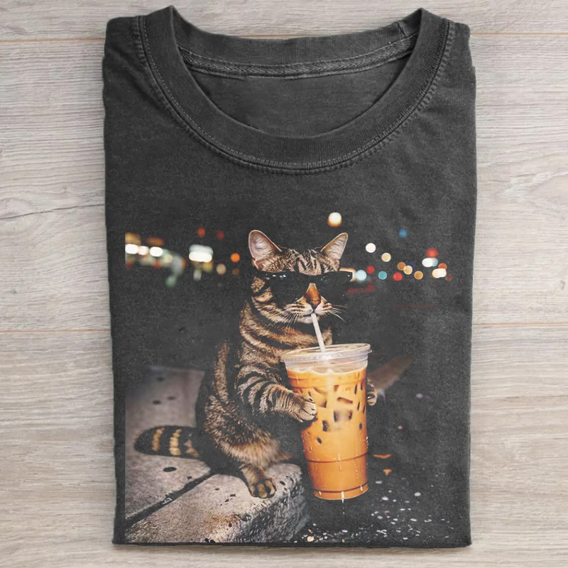Cat Drinking Iced Coffee Funny T-shirt