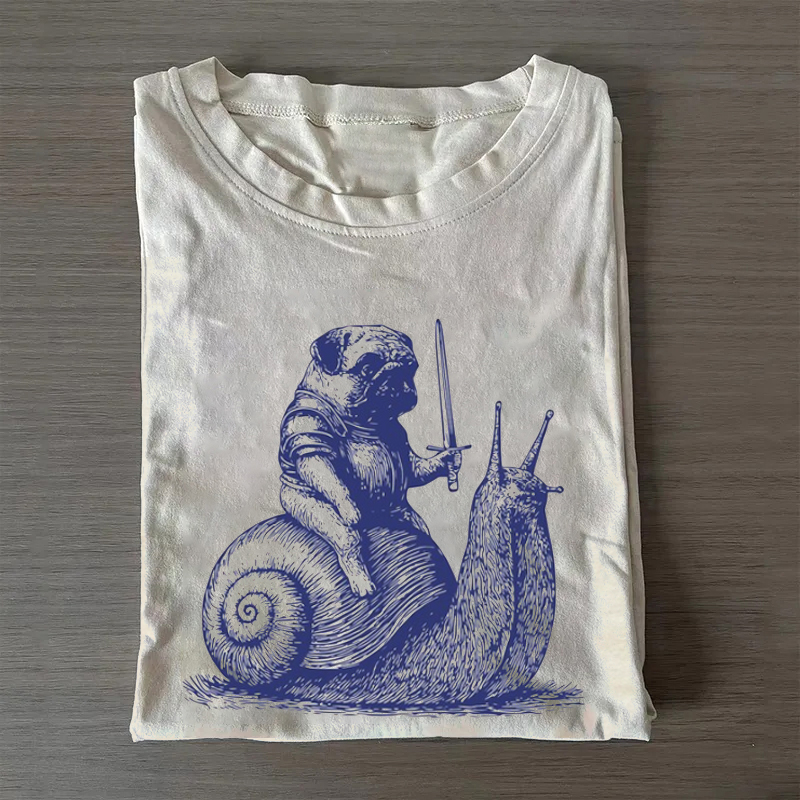Medieval Pug Knight Riding Snail T-shirt