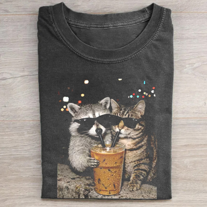 Raccoon and Cat Drinking Iced Coffee T-shirt