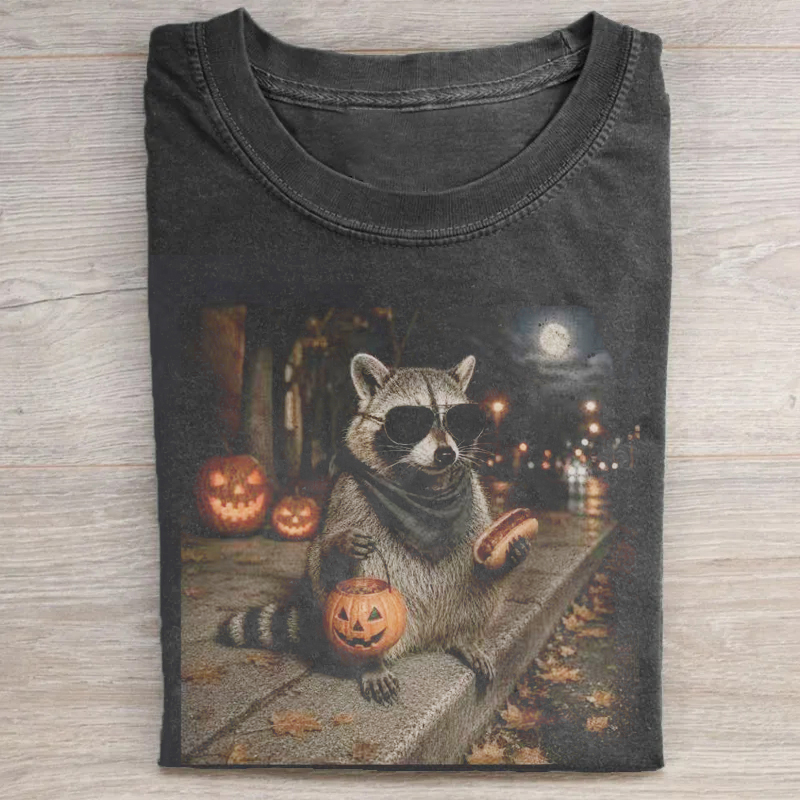 Halloween Raccoon Hot Dog Holding Pumpkin T-shirt