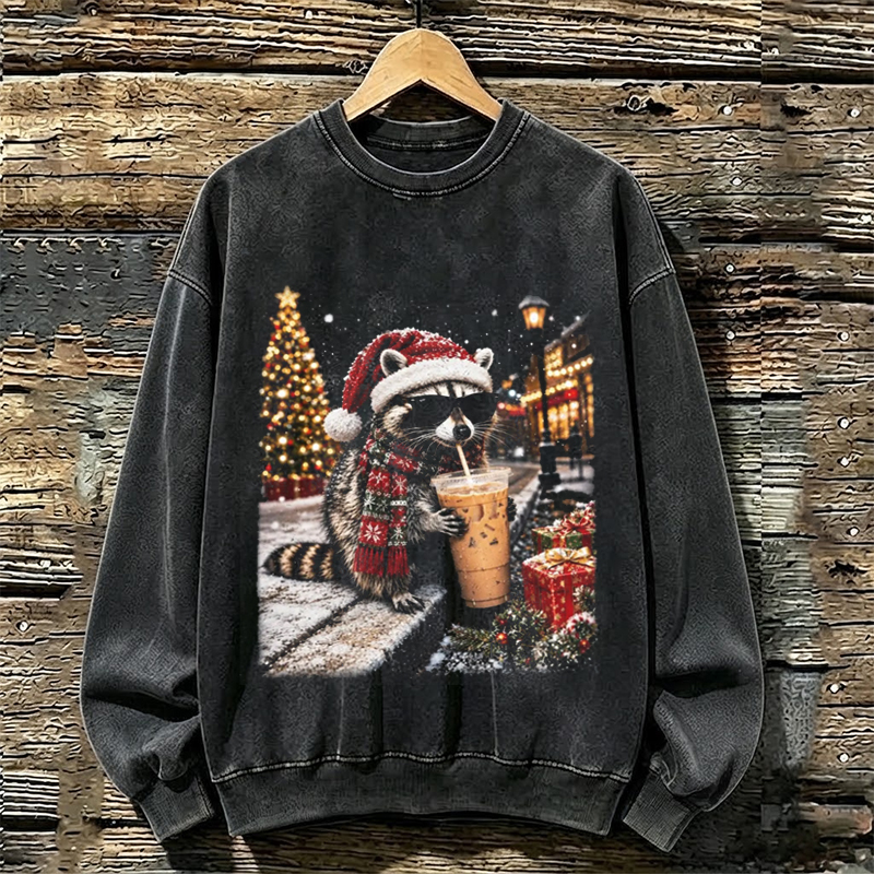 Christmas Raccoon Drinking Iced Coffee Sweatshirt