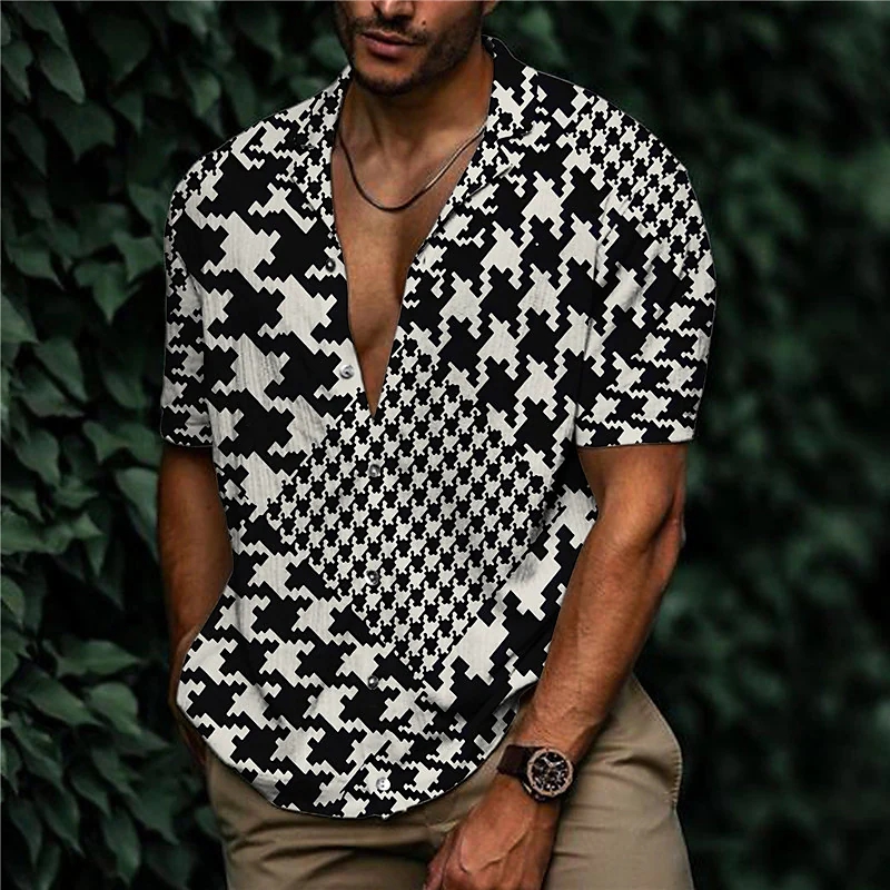 men's shirt print houndstooth turndown street casual button-down print short sleeve tops casual fashion designer breathable black