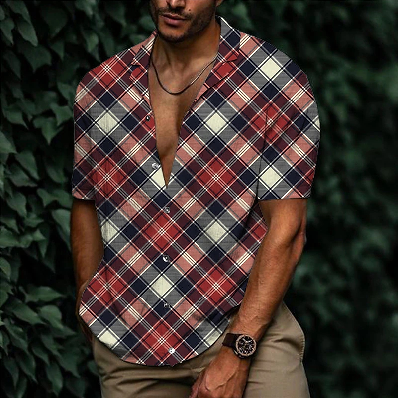 men's shirt print plaid turndown street casual button-down print short sleeve tops casual designer breathable wine