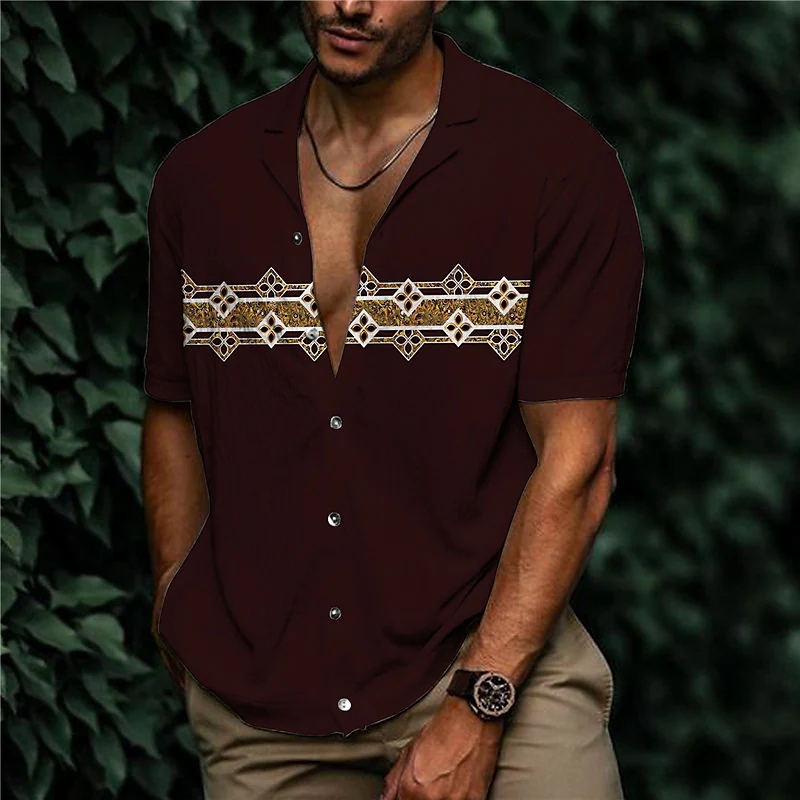men's shirt print geometry turndown street casual button-down print short sleeve tops casual fashion designer breathable wine
