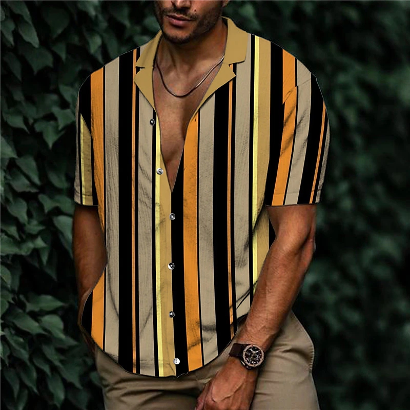 men's shirt print striped turndown street casual button-down print short sleeve tops casual fashion designer breathable yellow