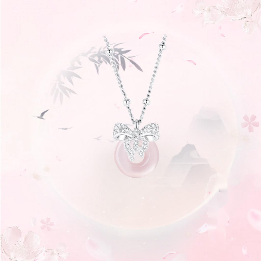 S925 Silver Pink Crystal Butterfly Bow Necklac