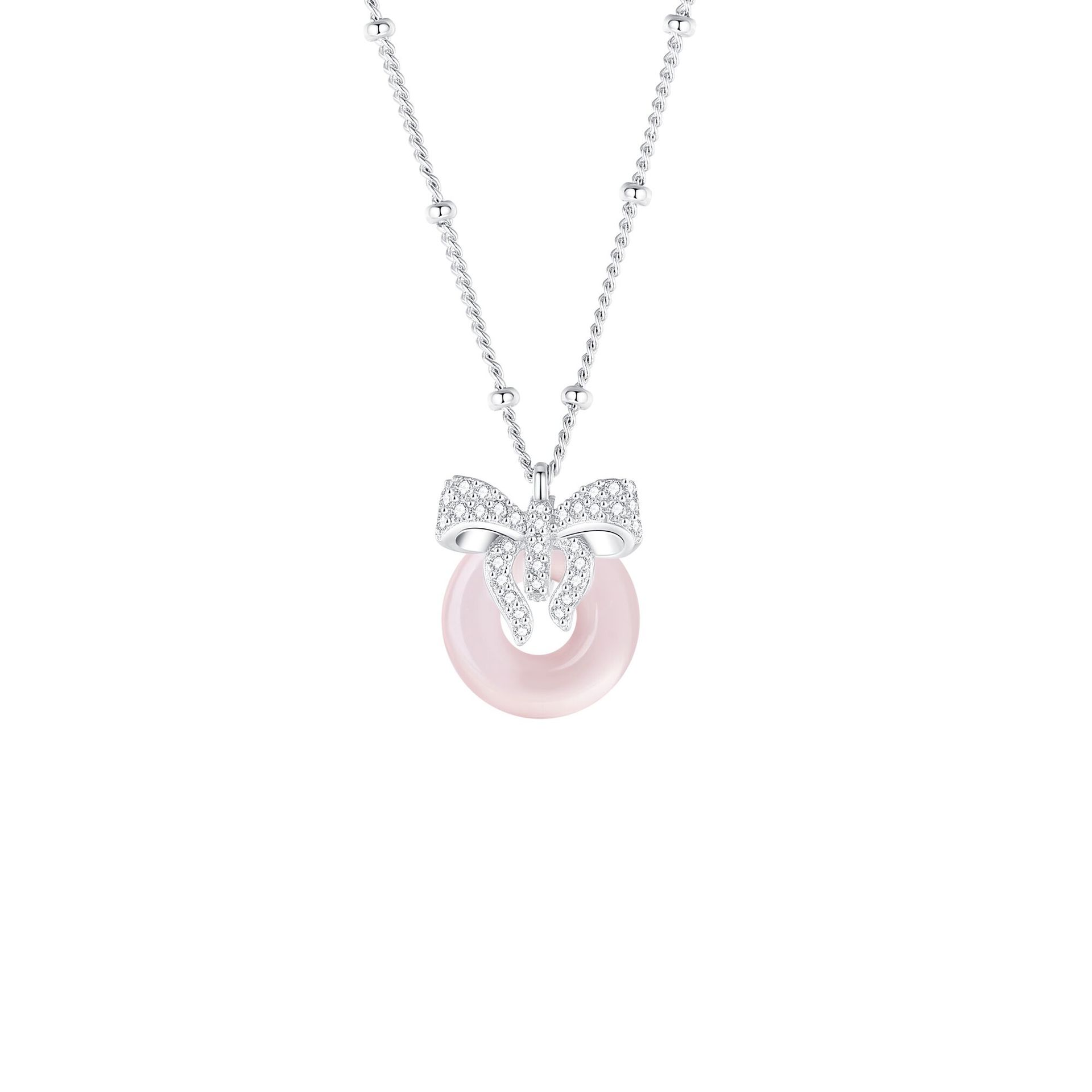 S925 Silver Pink Crystal Butterfly Bow Necklac