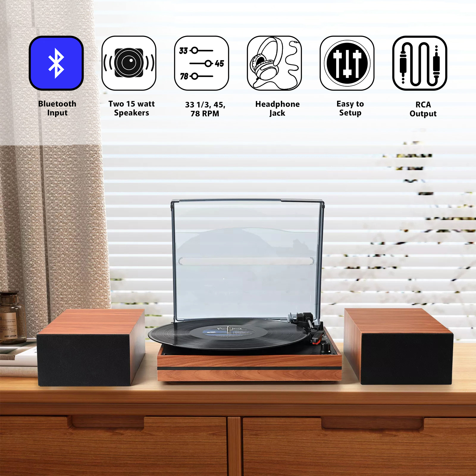 Beginners Bluetooth Turntable with 30W External Bookshelf Speakers R612