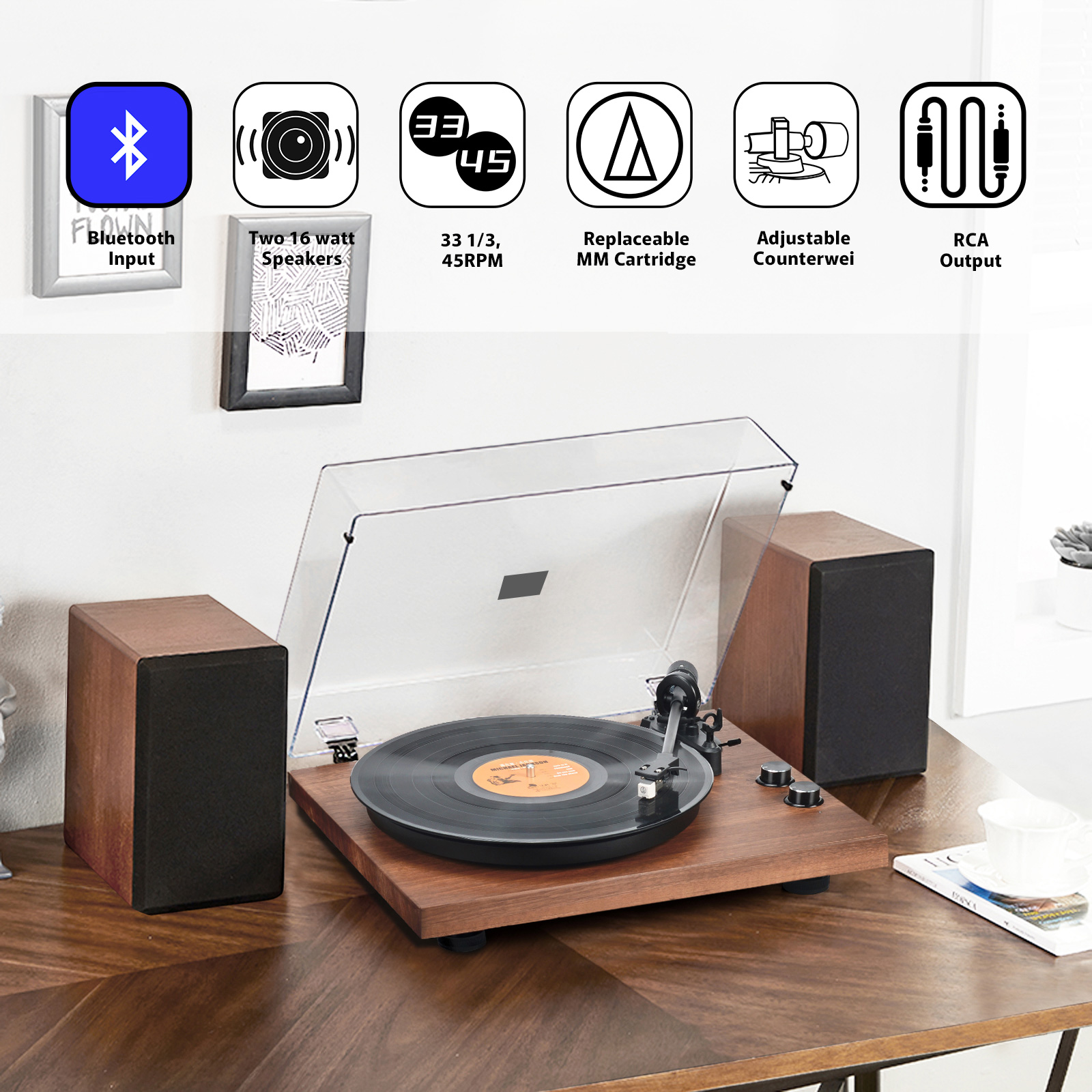 Stereo Bluetooth Turntable with 36W Bookshelf Speakers & MM Cartridge SY101