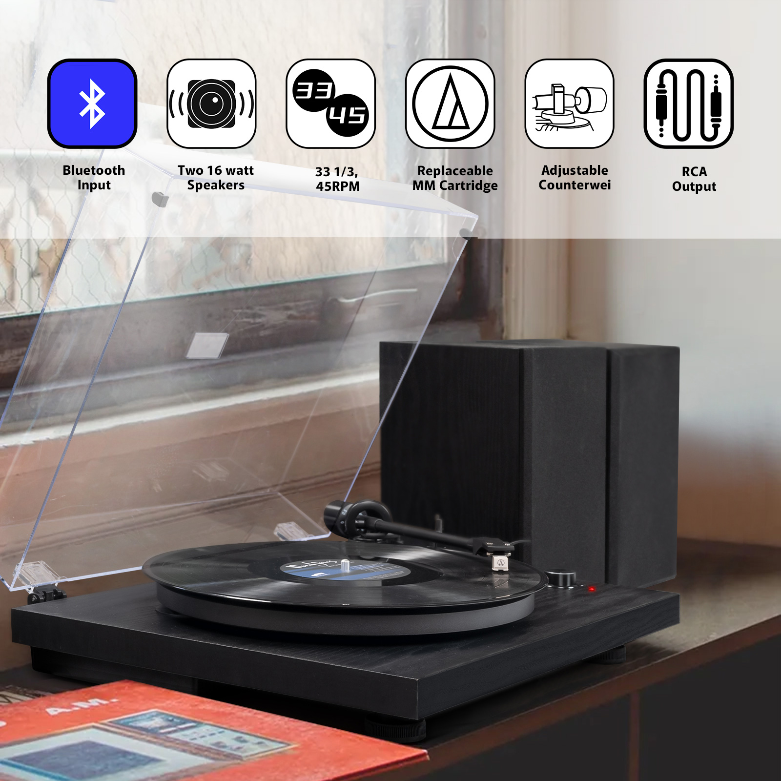 Stereo Bluetooth Turntable with 36W Bookshelf Speakers & MM Cartridge SY101