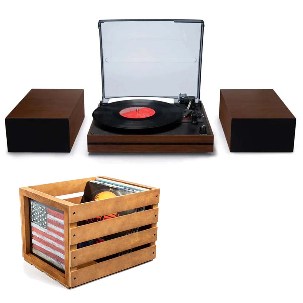 Modern Bluetooth Record Player Speaker System & Record Storage Bundle RetroLife R612