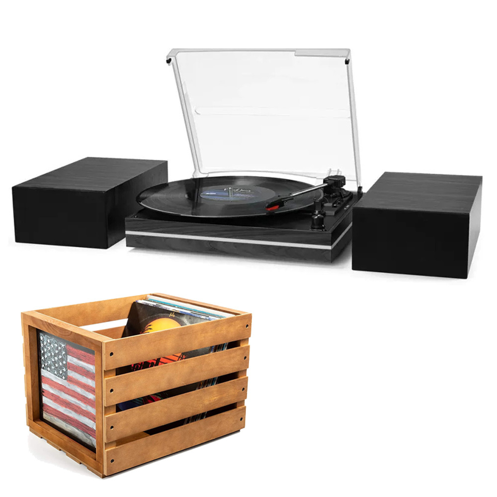 Modern Bluetooth Record Player Speaker System & Record Storage Bundle RetroLife R612