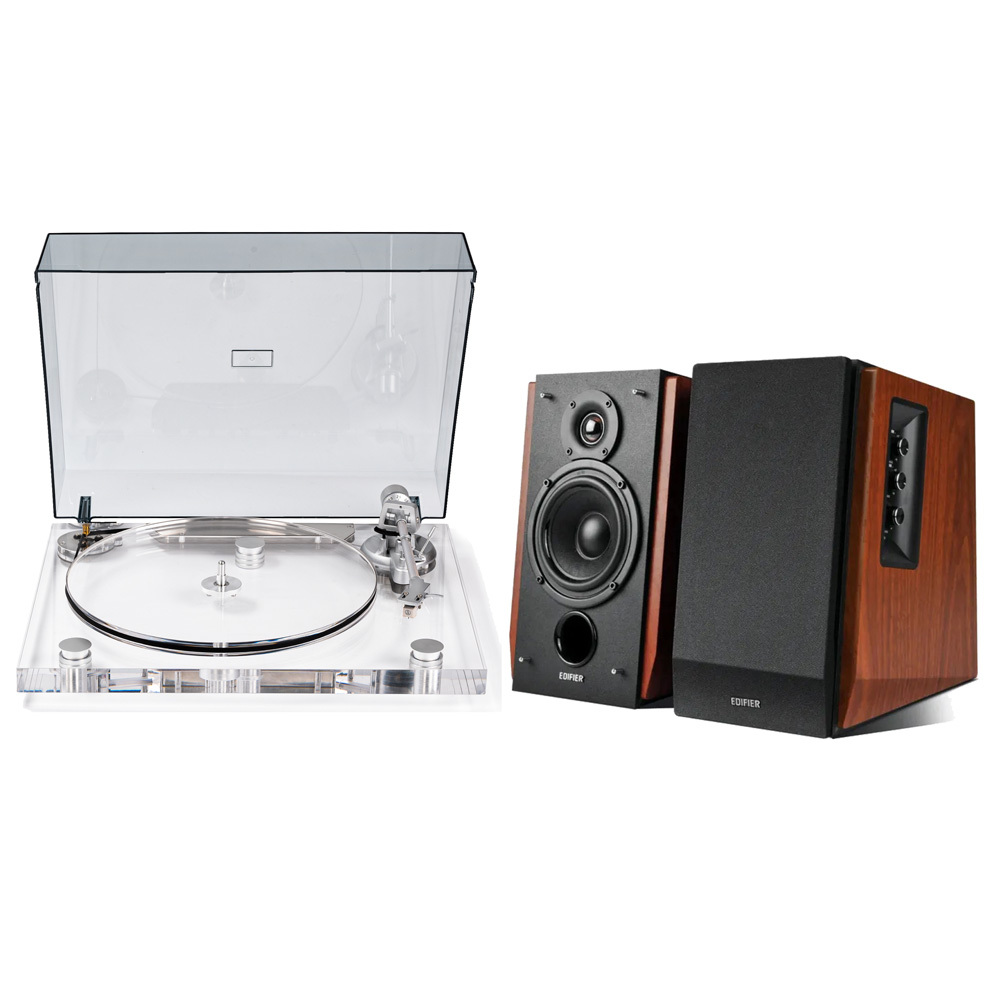 Modern Clear Acrylic Turntable & Bookshelf Speakers Bundle RetroLife ICE1