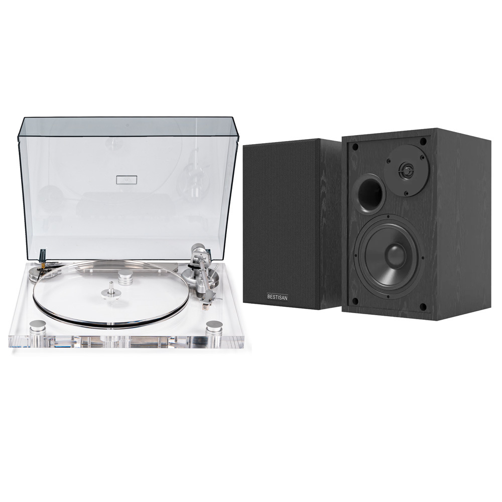 Modern Clear Acrylic Turntable & Bookshelf Speakers Bundle RetroLife ICE1