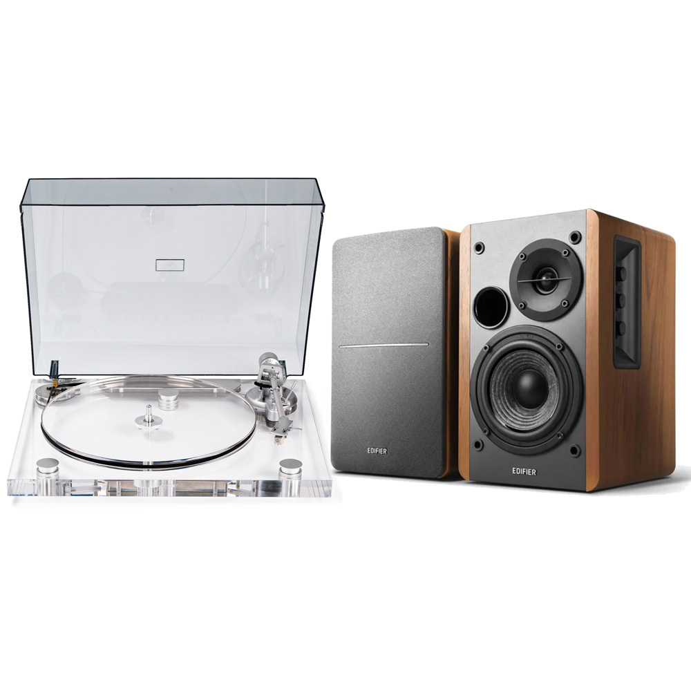 Modern Clear Acrylic Turntable & Bookshelf Speakers Bundle RetroLife ICE1