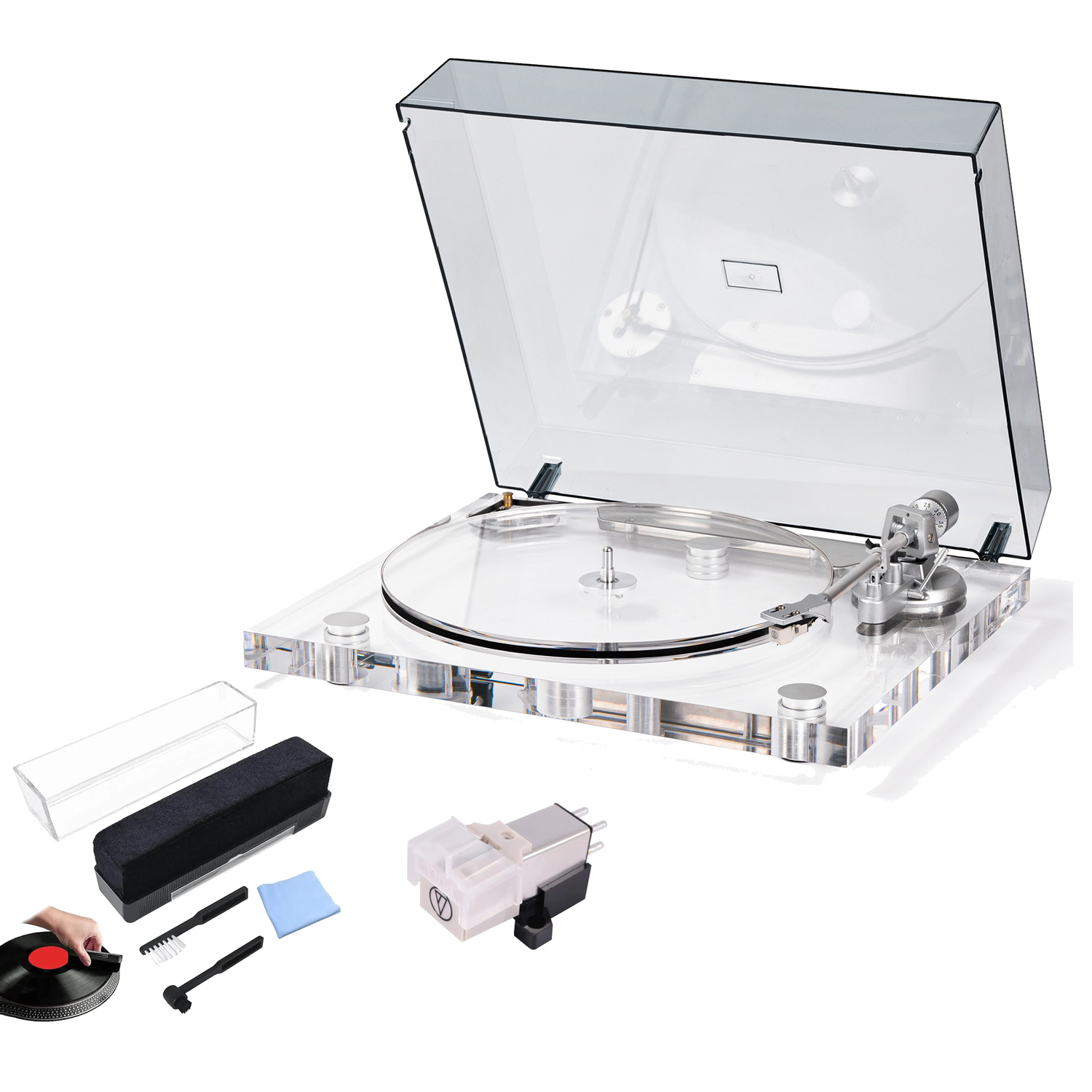 Clear Acrylic Turntable with Cartridge and Cleaning Kit Bundle RetroLife ICE1