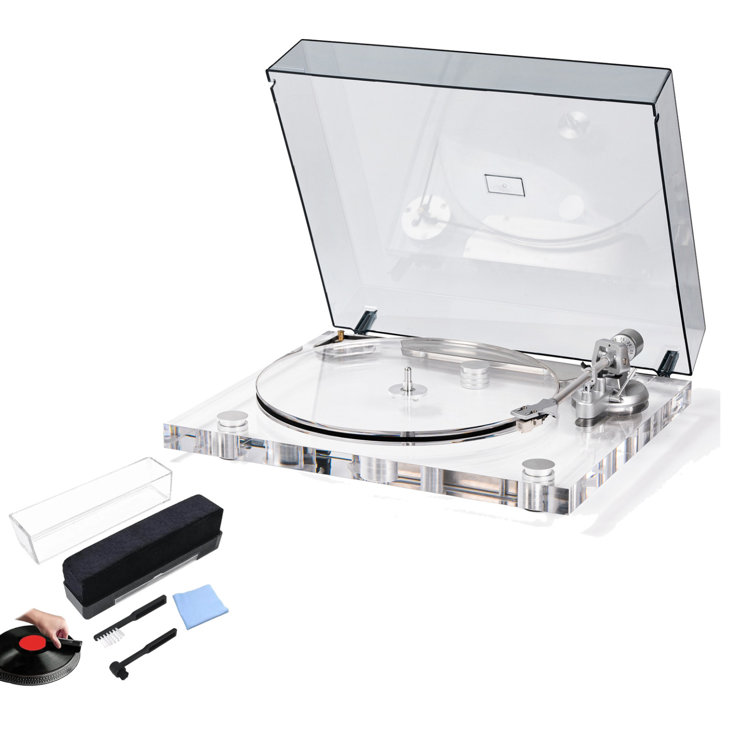 Bluetooth Clear Acrylic Turntable & MM Cartridge, Vinyl Record Cleaning Kit Bundle RetroLife ICE1
