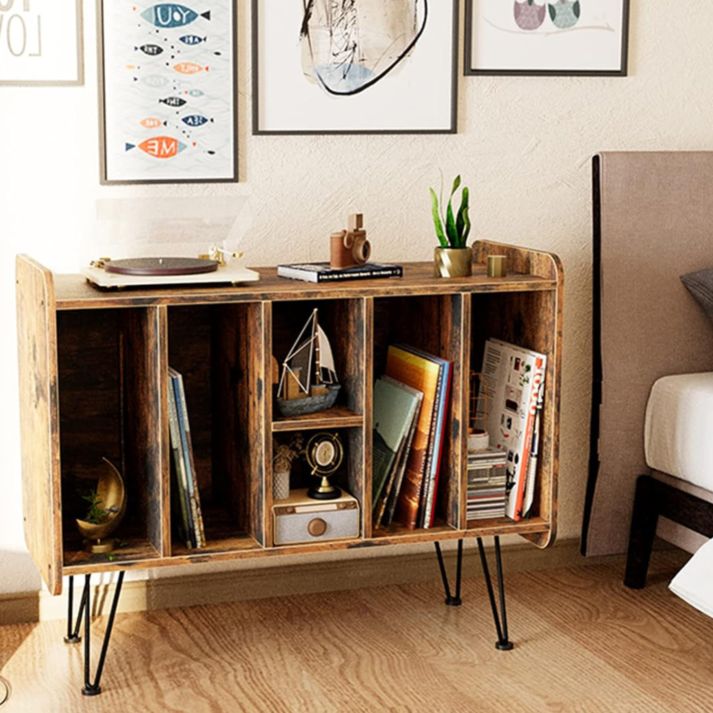 RetroLife RMD1 Vinyl Record Player Stand with Metal Legs For LPs Album Storage