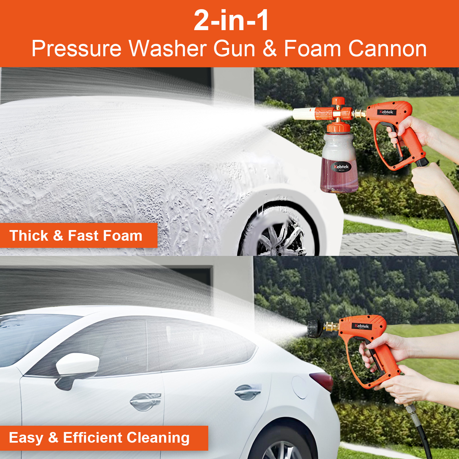 Kebtek Pressure Washer Gun 5200 PSI with Foam Cannon 1L & 5 Nozzle Tips, 1/4" Quick Connector