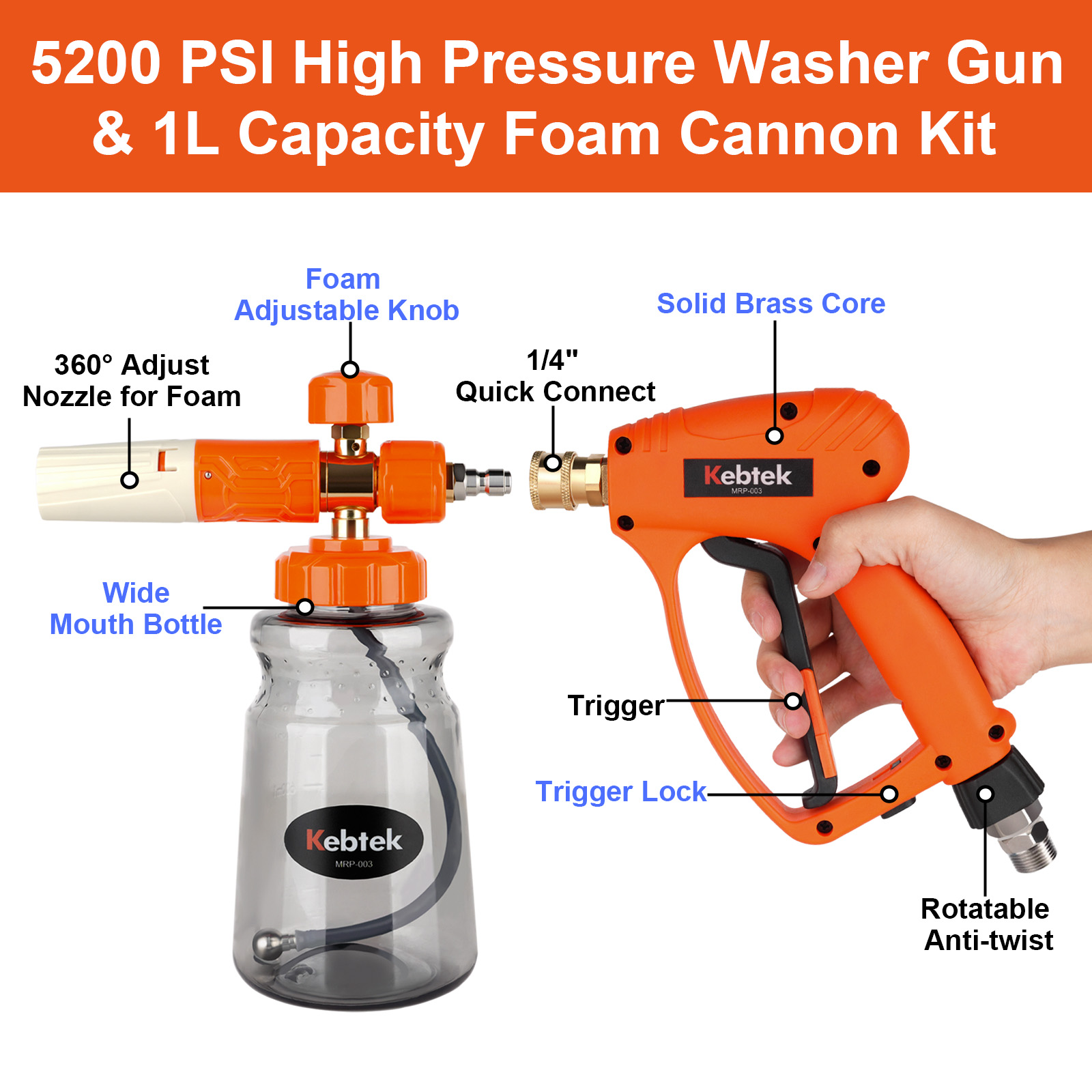 Kebtek Pressure Washer Gun 5200 PSI with Foam Cannon 1L & 5 Nozzle Tips, 1/4" Quick Connector