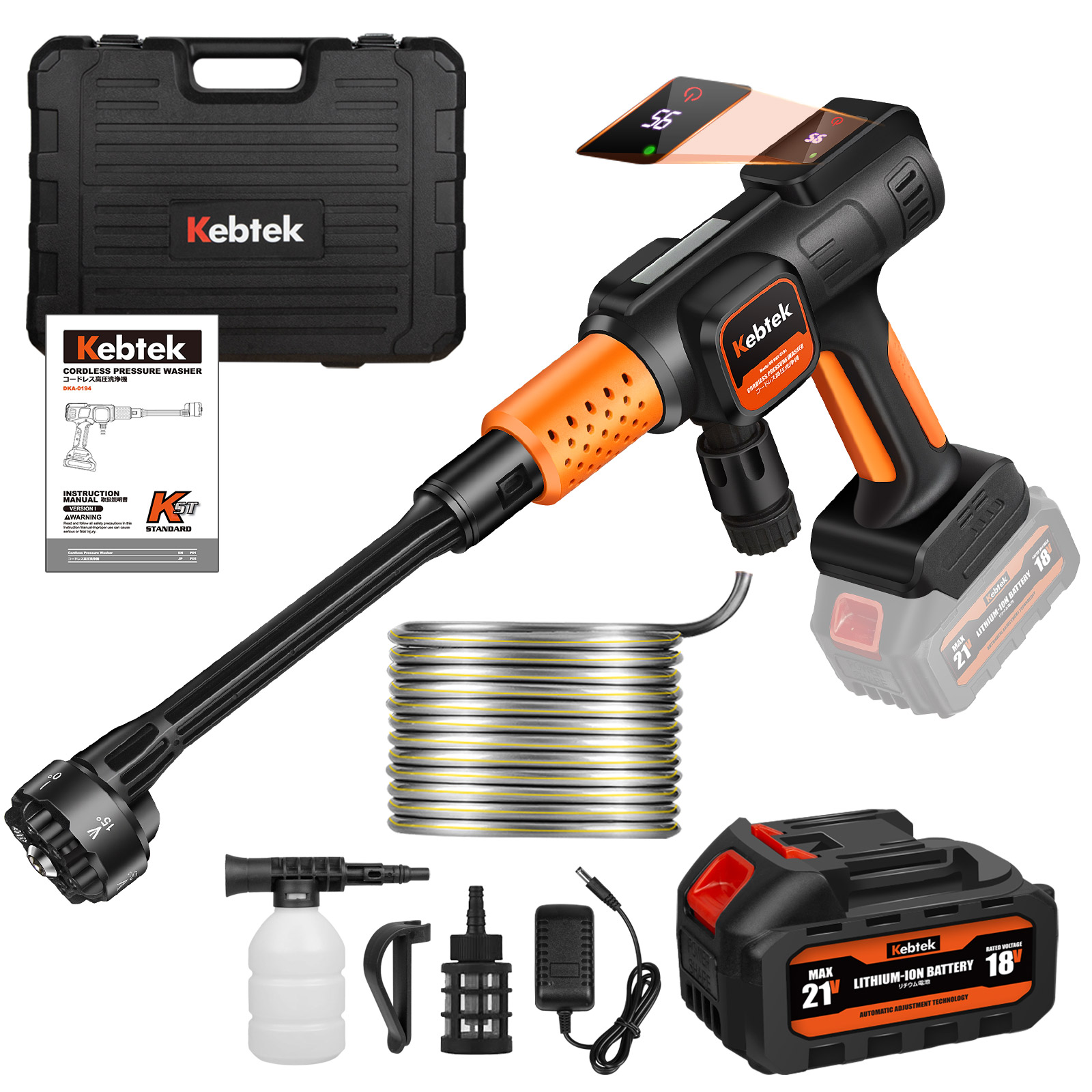 Kebtek Cordless Pressure Washer Gun, 21V Cordless Portable Power Washer Battery Powered 652 PSI with 6-in-1 Spray Nozzle Soap Dipenser 2AH Battery for Car/Fence/Floor Cleaning & Watering