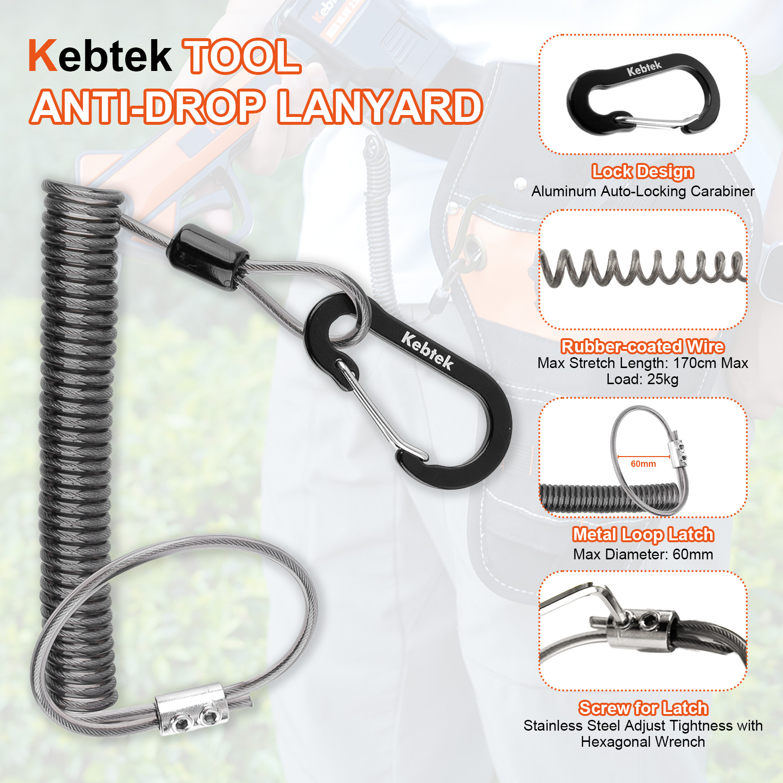Telephone Rope Design Retractable Safety Tool Leash 