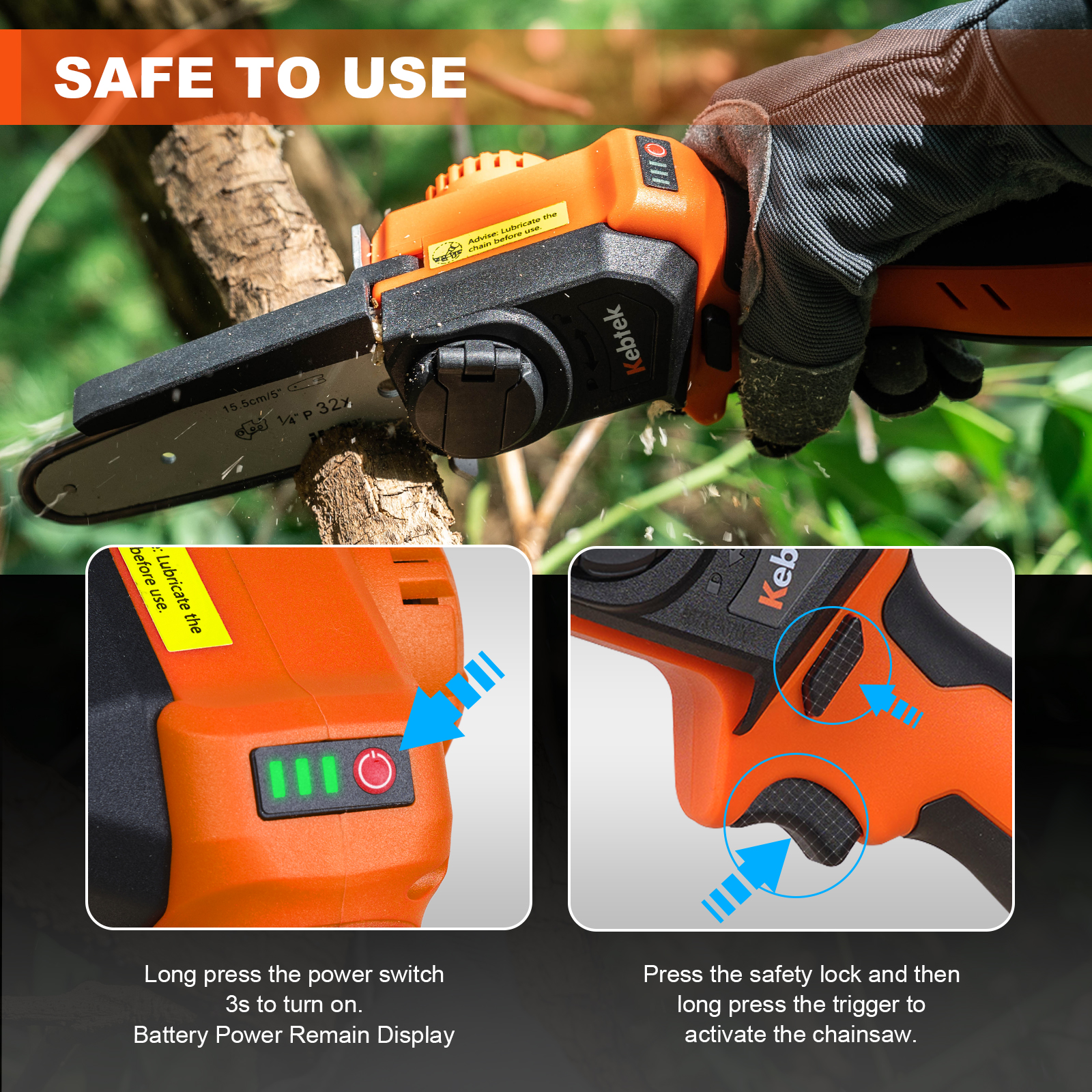 Cordless Mini Chainsaw, Kebtek 5-Inch Hand-held Mini Pruning Saw with 2Pack 2000mAh Batteries Brushless Motor & Replacement Chain for Wood Cutting | Tree Trimming | Camping (Chainsaw Set)