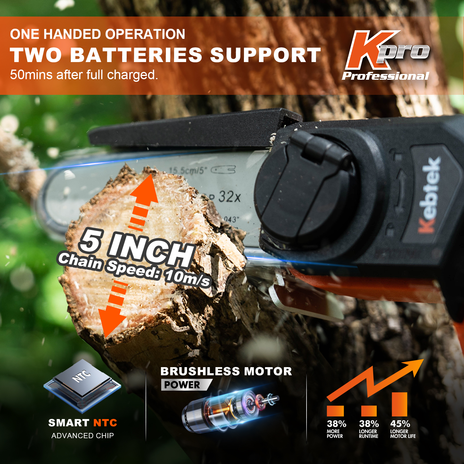 Cordless Mini Chainsaw, Kebtek 5-Inch Hand-held Mini Pruning Saw with 2Pack 2000mAh Batteries Brushless Motor & Replacement Chain for Wood Cutting | Tree Trimming | Camping (Chainsaw Set)