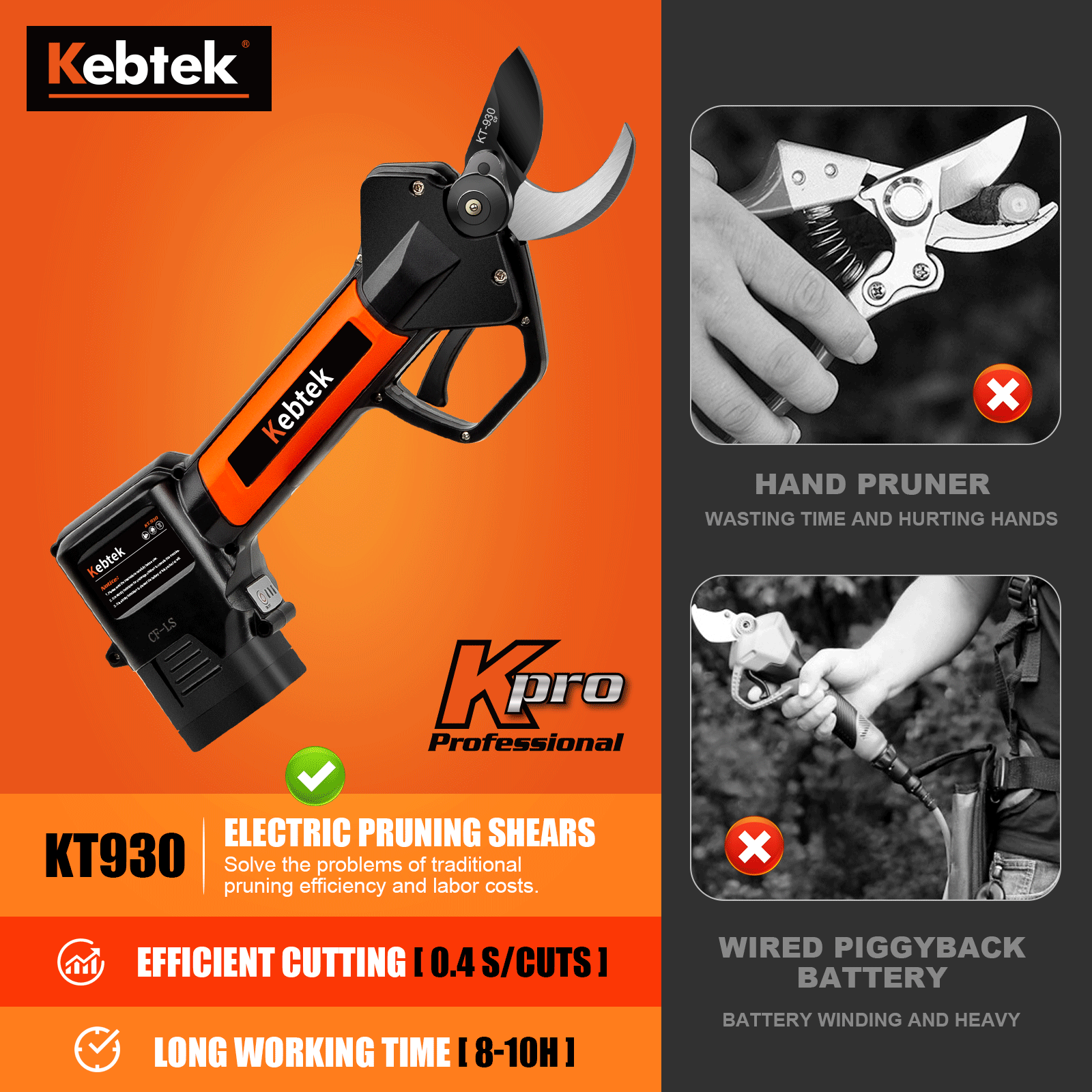 Kebtek Cordless Electric Pruning Shear, Cordless Pruner Battery Powered with 2PCS Backup Lithium Battery 2500mAh, 30mm -KT930(1.2 Inch) Cutting Diameter