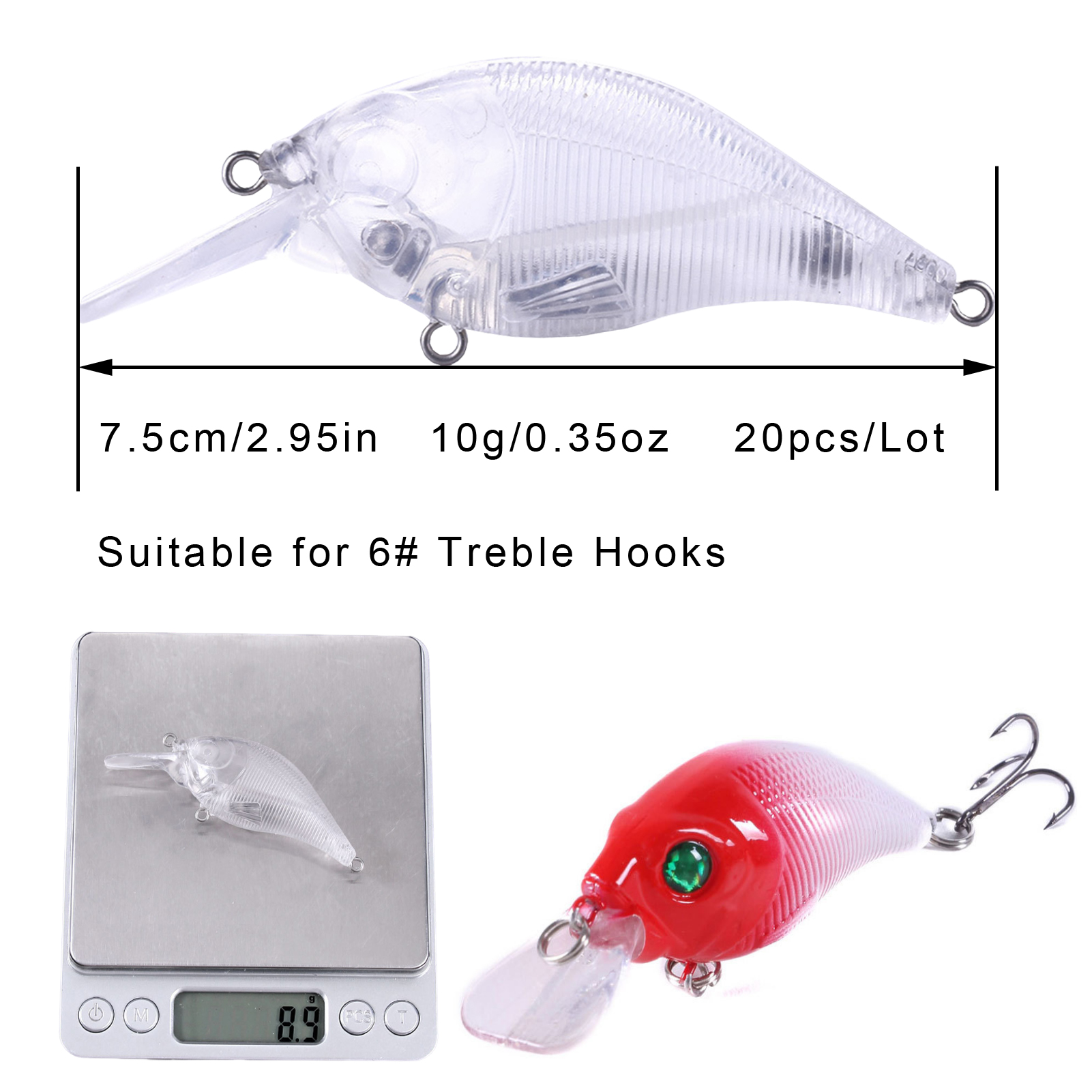 FREE FISHER 20pcs/Lot Crankbaits,Fishing Unpainted Lures,7.5cm 10g Blank Baits,DIY Crank Transparent Bait Embryo,Fishing Plugs 