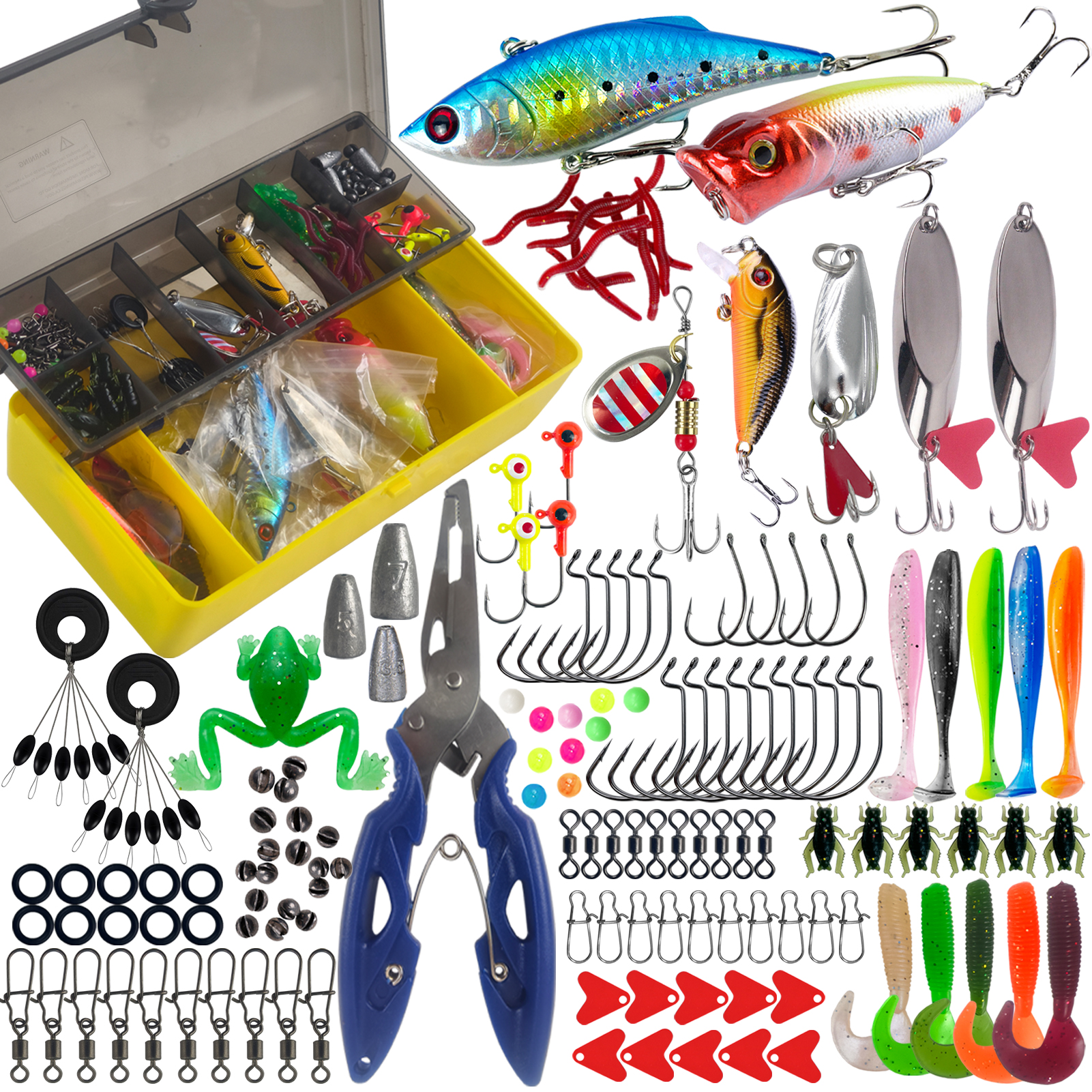 FREE FISHER Fishing Tackle Box,145pcs Fishing Lures Kit,VIB Minnow Popper,Soft Worm,Fishing Pliers Spinnerbait Hooks Accessories