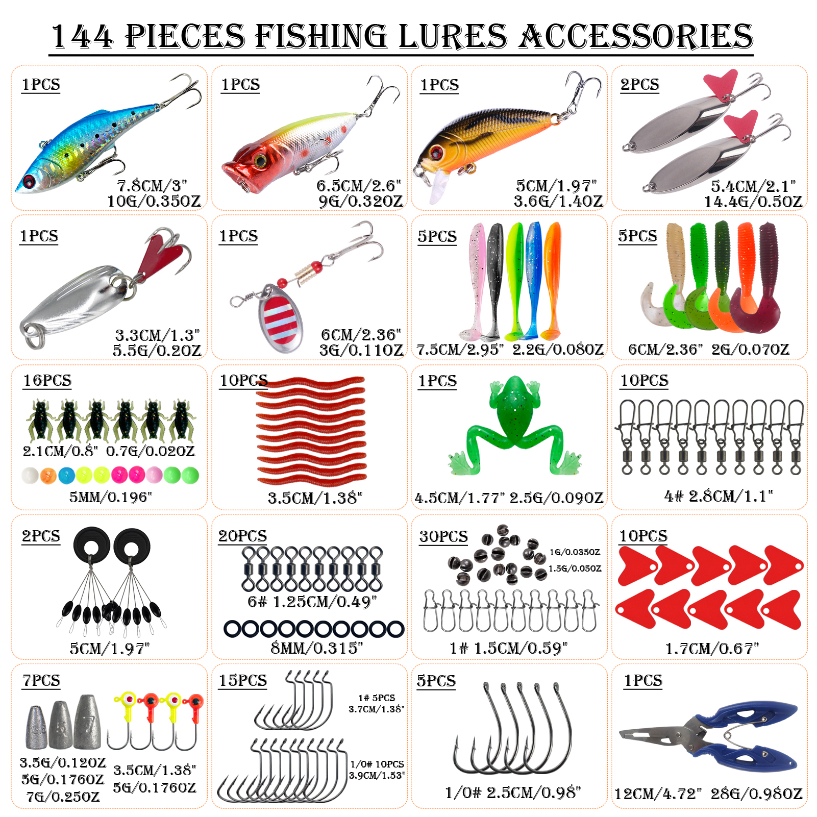 FREE FISHER Fishing Tackle Box,145pcs Fishing Lures Kit,VIB Minnow Popper,Soft Worm,Fishing Pliers Spinnerbait Hooks Accessories