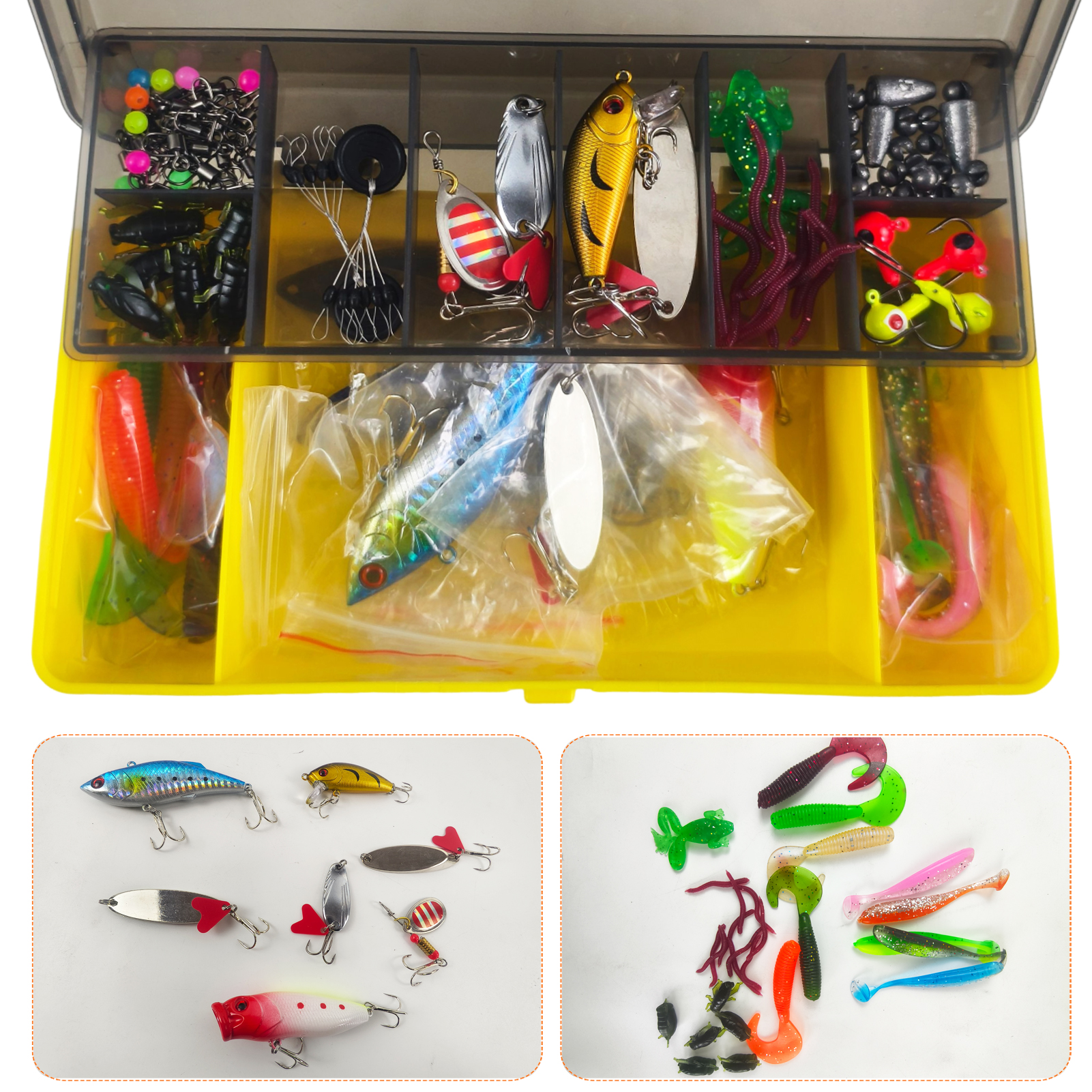 FREE FISHER Fishing Tackle Box,145pcs Fishing Lures Kit,VIB Minnow Popper,Soft Worm,Fishing Pliers Spinnerbait Hooks Accessories
