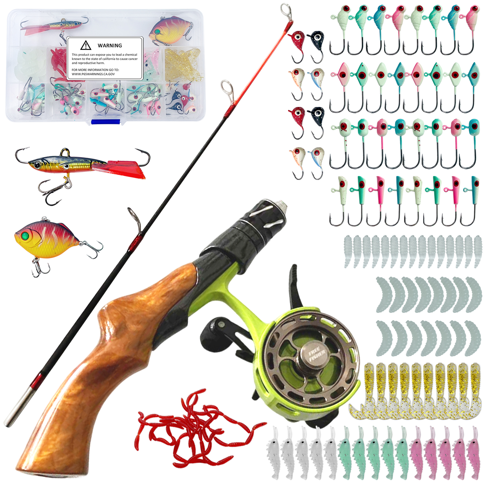 FREE FISHER 115pcs/Lot Ice Fishing Rod Reel Combo 2-Section Fishing Pole 3.2:1 Ice Wheel Jig Head Hooks Soft Shrimps Baits Winter Fishing Tackle Set