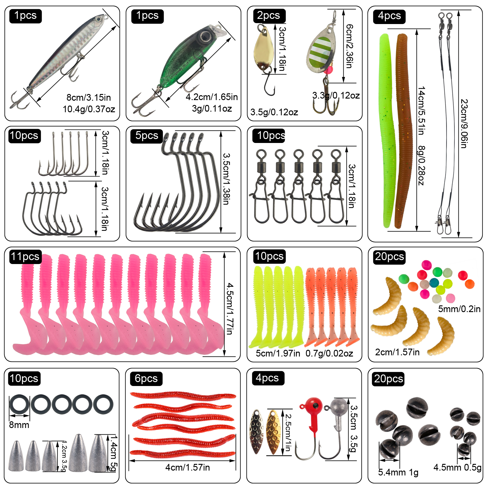 FREE FISHER 114pcs Fishing Lures Kit with Box,Soft Worms Hard Baits,Crankhooks Swivels Beads,Spinners Fishing Weights Sinkers for Bass Pike