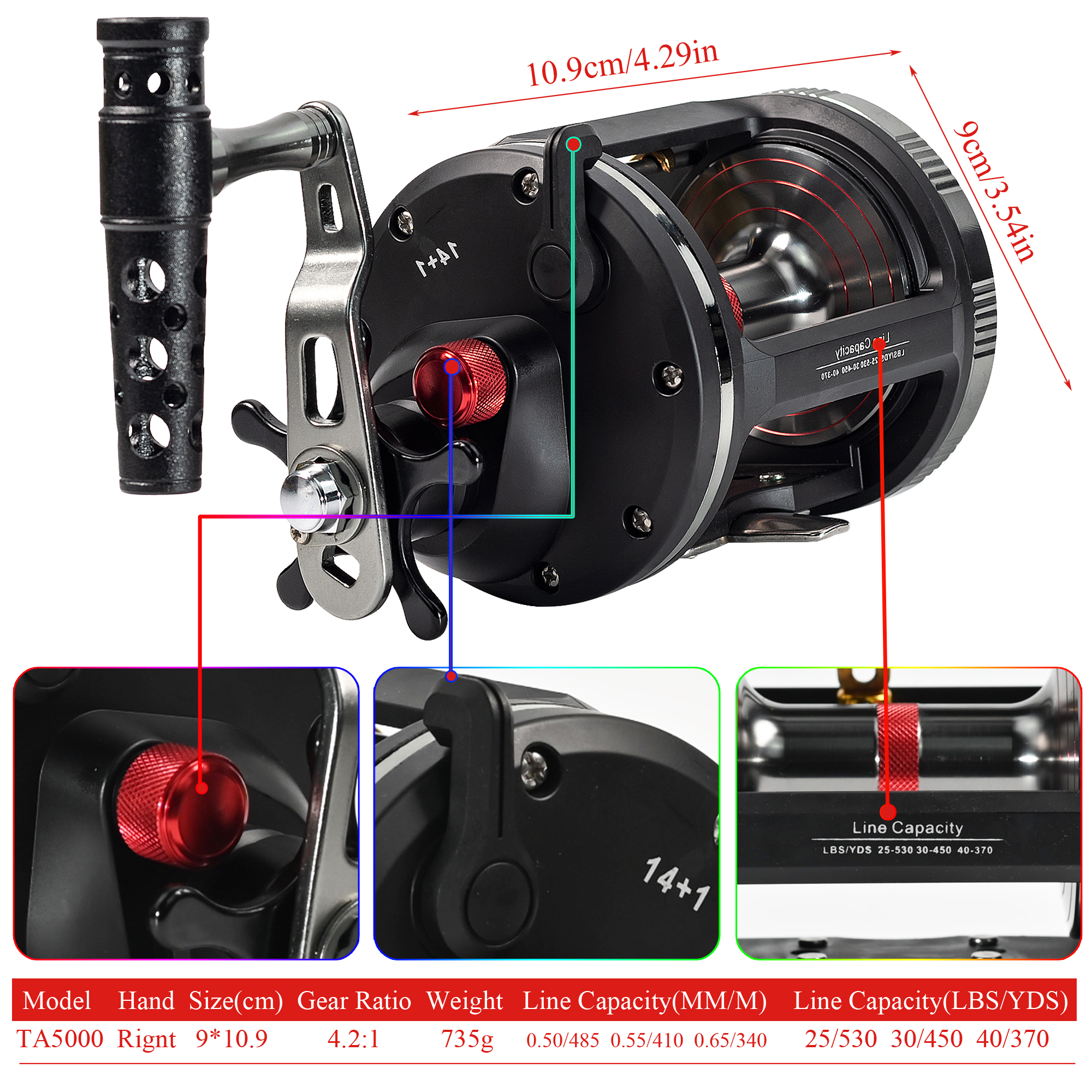 FREE FISHER 1pcs Trolling Fishing Reel Metal Spool Strong Drag Drum 20KG Max Drag Right Hand 14+1BB Spinning Wheel Saltwater Casting Reels