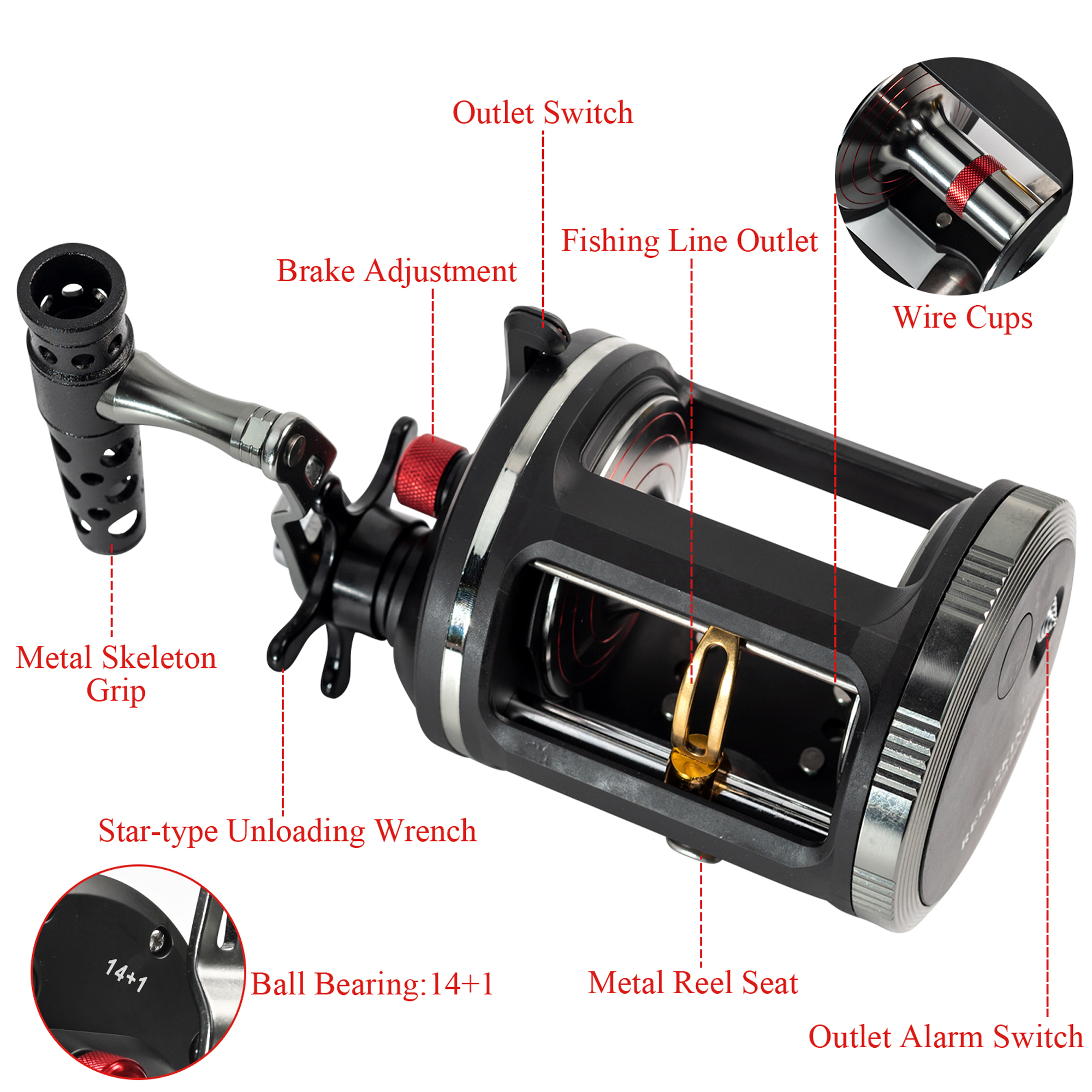 FREE FISHER 1pcs Trolling Fishing Reel Metal Spool Strong Drag Drum 20KG Max Drag Right Hand 14+1BB Spinning Wheel Saltwater Casting Reels