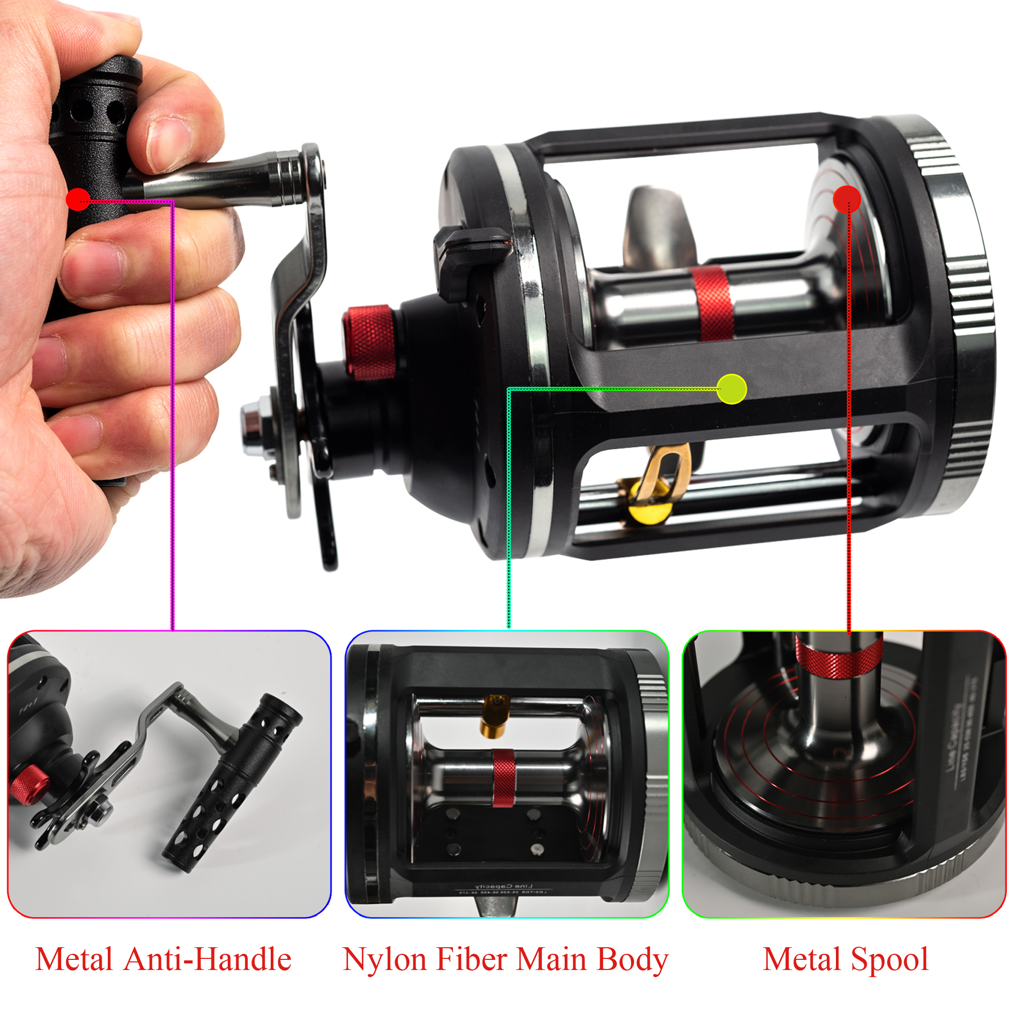 FREE FISHER 1pcs Trolling Fishing Reel Metal Spool Strong Drag Drum 20KG Max Drag Right Hand 14+1BB Spinning Wheel Saltwater Casting Reels