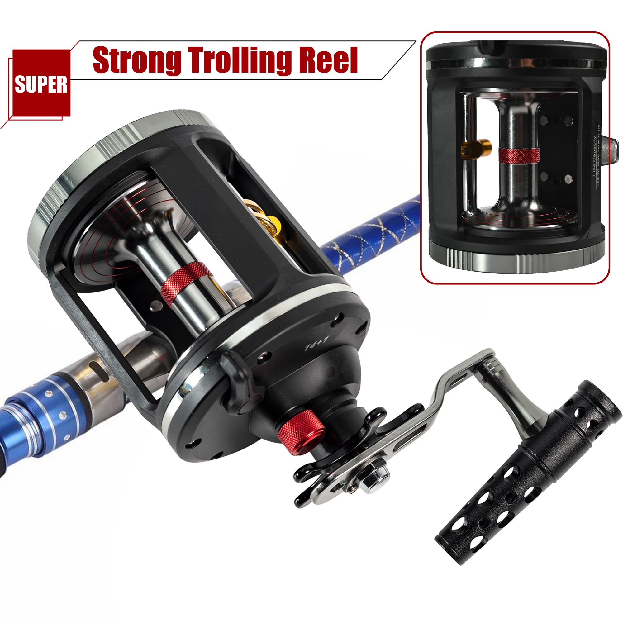 FREE FISHER 1pcs Trolling Fishing Reel Metal Spool Strong Drag Drum 20KG Max Drag Right Hand 14+1BB Spinning Wheel Saltwater Casting Reels