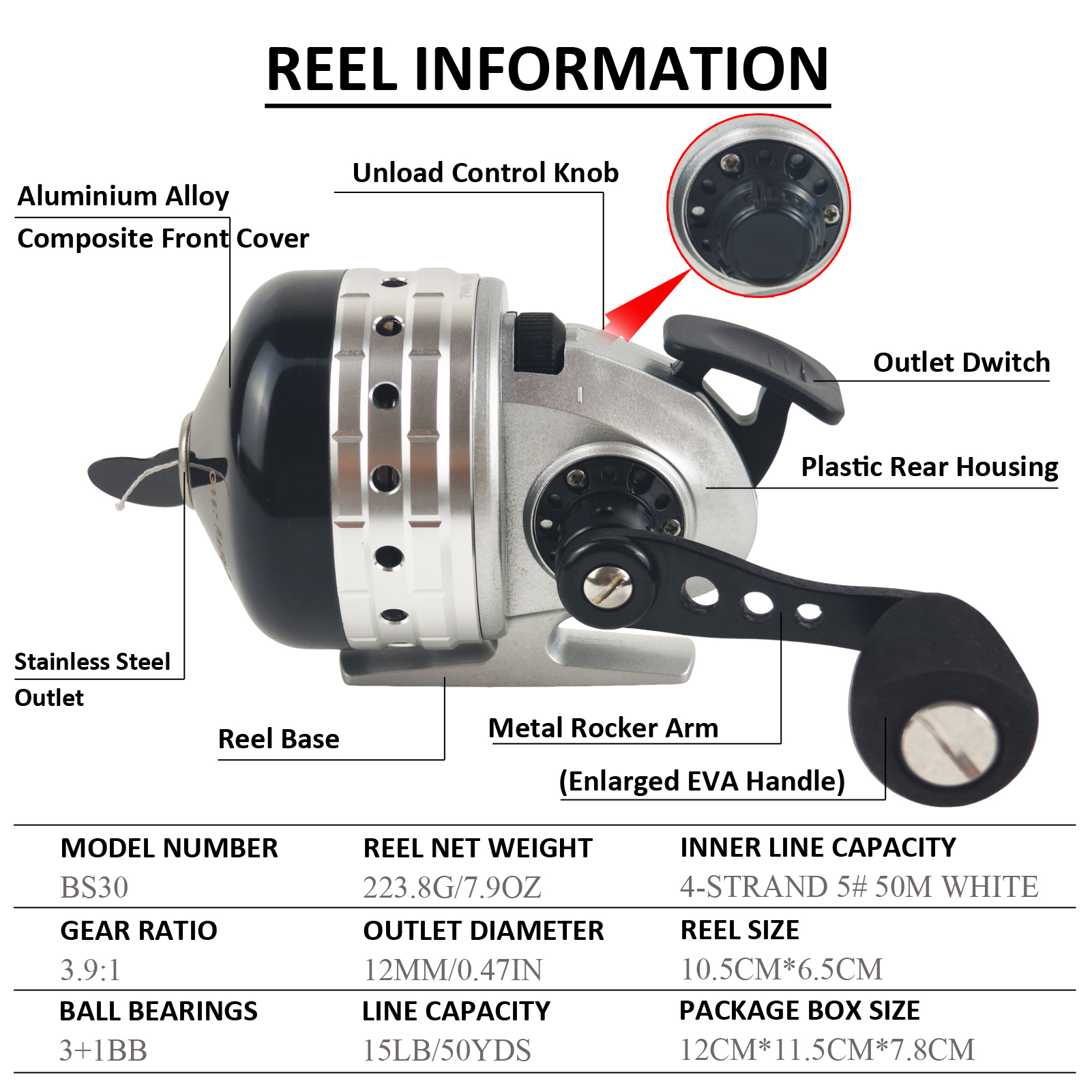 FREE FISHER Closed Spincast Fishing Reel,Slingshot Bow Bowfishing Reels,3+1BB Gear Ratio 3.9:1 Alloy Hollow Fish Shotting Wheel