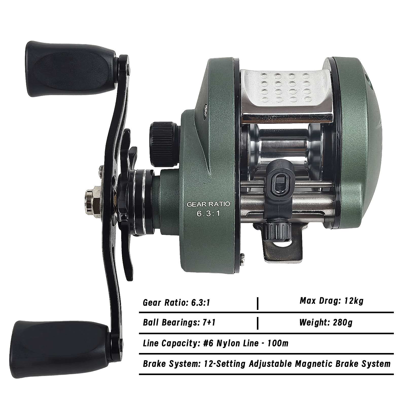 FREE FISHER Fishing Drum Reel,Gear Ratio 6.3:1 Max Drag 12KG Baitcasting Wheel,Trolling Long Casting 7+1BB Metal Spool Fish Reel 