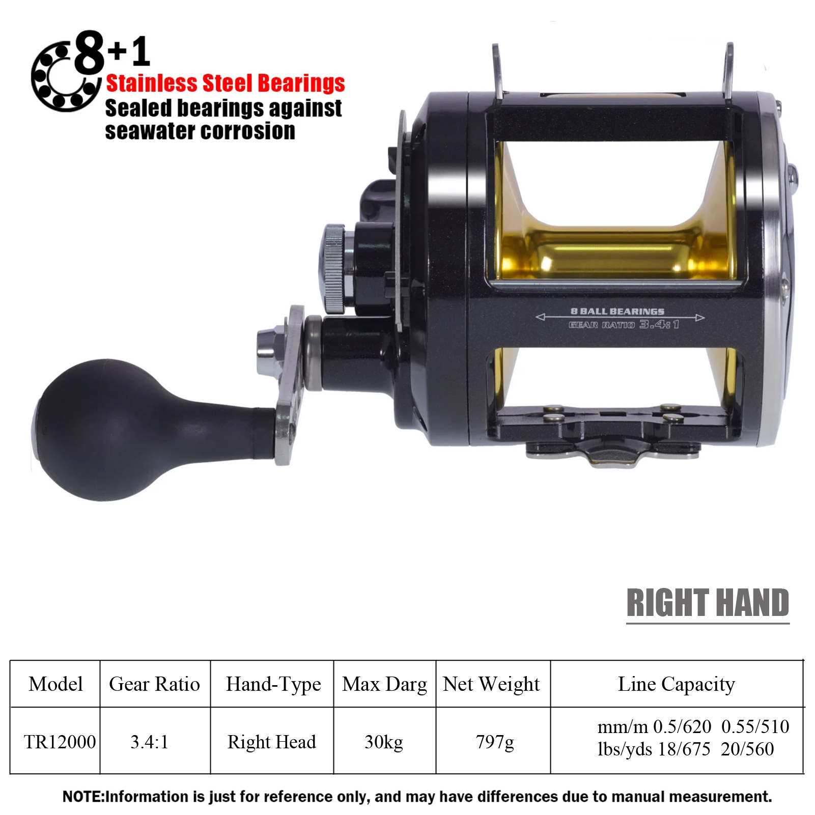 FREE FISHER Trolling Casting Reel,TR12000 Saltwater Metal Boat Fishing Drum Wheel,Right Hand Speed Ratio 3.4:1 Sea Fishing Reels 