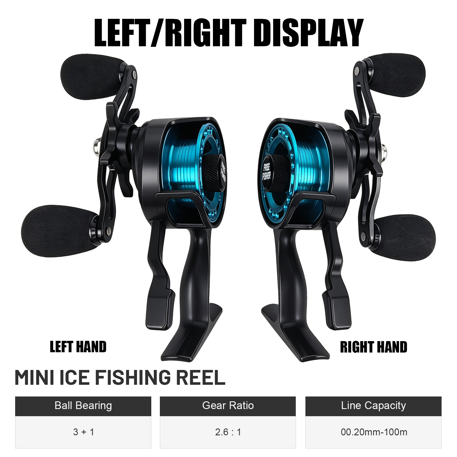 FREE FISHER Mini Ice Fishing Reel,3+1BB Inline Raft Wheel,Gear Ratio 2.6:1 Metal Spool Left/Right Hand Smooth Winter Fishing Reels