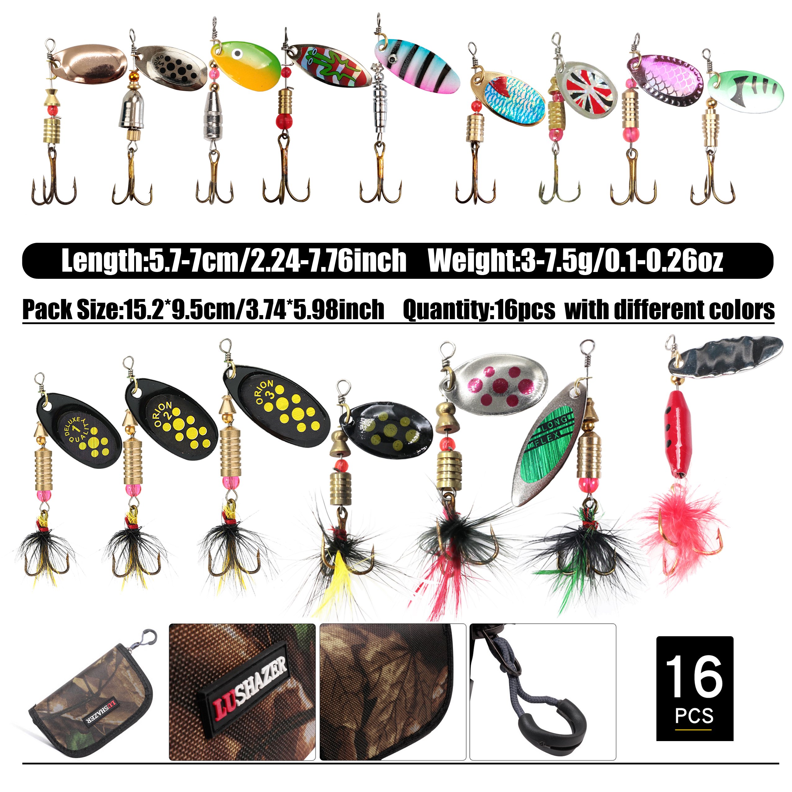 FREE FISHER 16pcs/Set Fishing Spinnerbaits Mixed Metal Rotating Sequins with Treble Hooks Spoon Lures Artificial Baits for Pike/Bass/Catfish