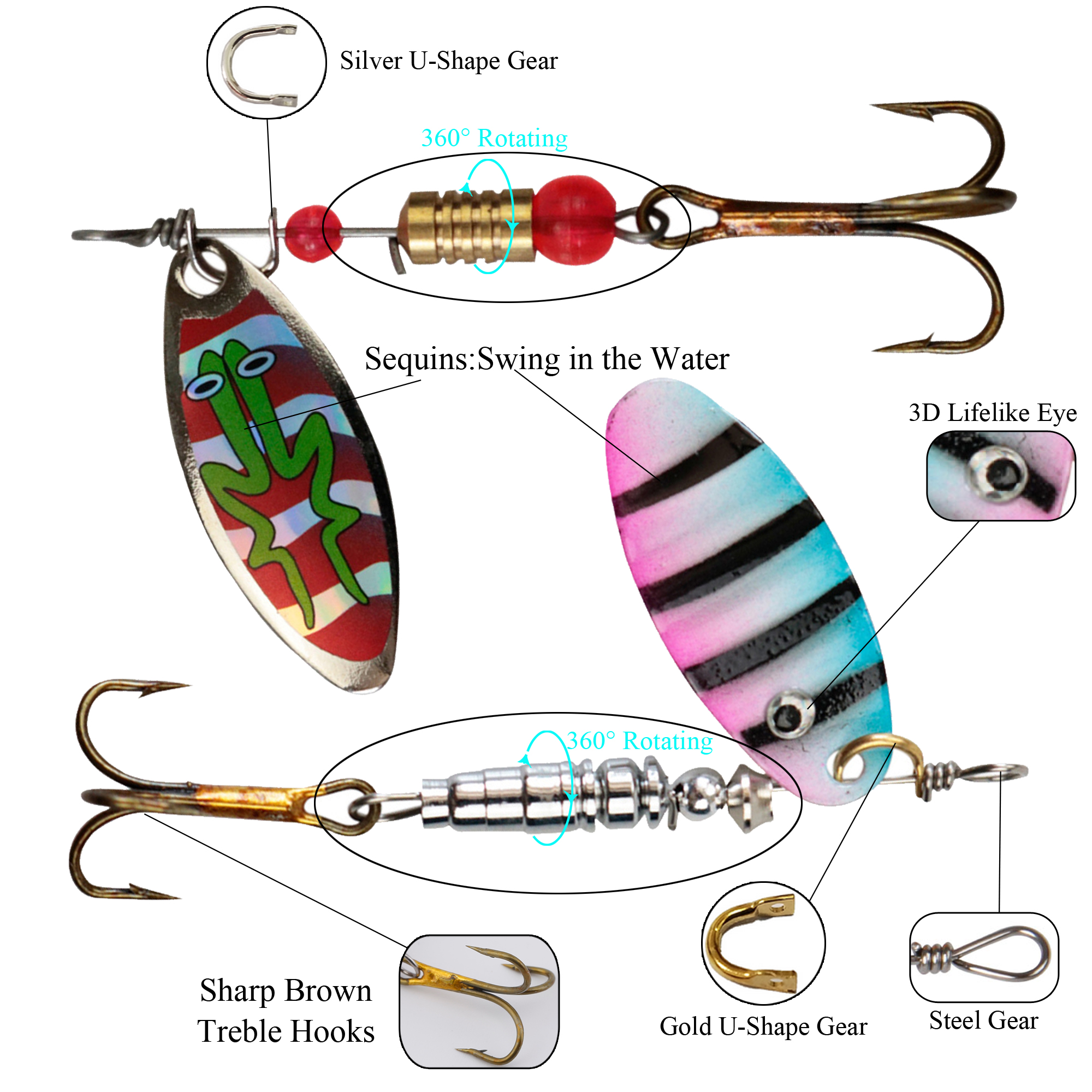 FREE FISHER 16pcs/Set Fishing Spinnerbaits Mixed Metal Rotating Sequins with Treble Hooks Spoon Lures Artificial Baits for Pike/Bass/Catfish