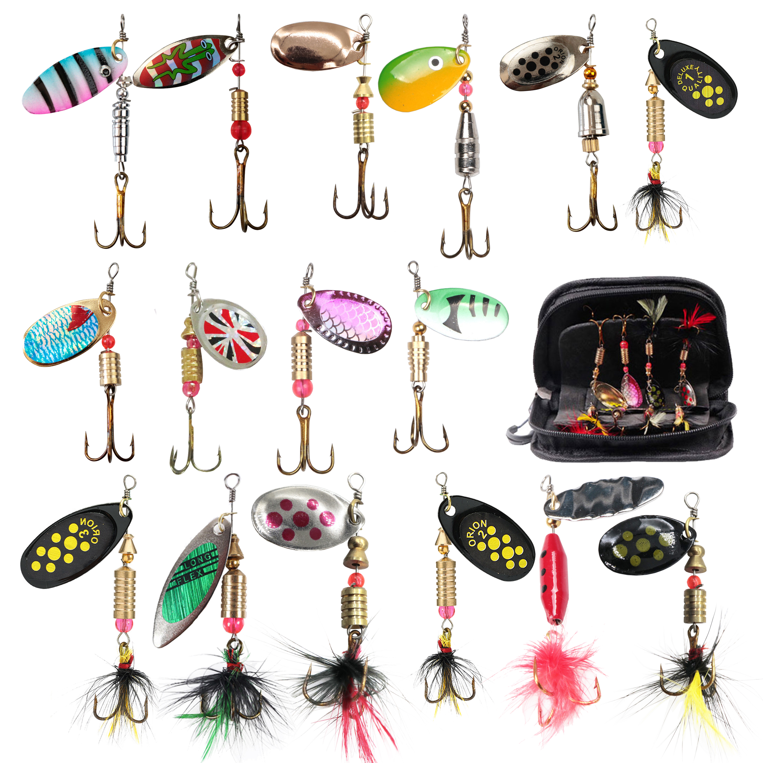 FREE FISHER 16pcs/Set Fishing Spinnerbaits Mixed Metal Rotating Sequins with Treble Hooks Spoon Lures Artificial Baits for Pike/Bass/Catfish