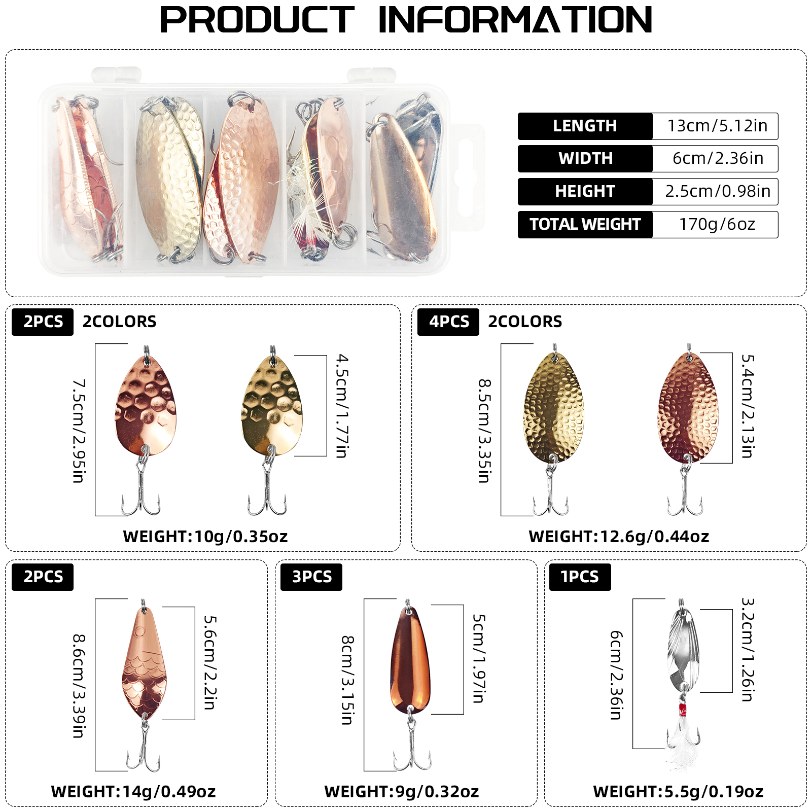 FREE FISHER 12pcs/Lot Fishing Spinnerbaits Set,Mixed Size Metal Spoon Lures,Spinner Baits with Hooks for Bass Pike Salmon Trout 