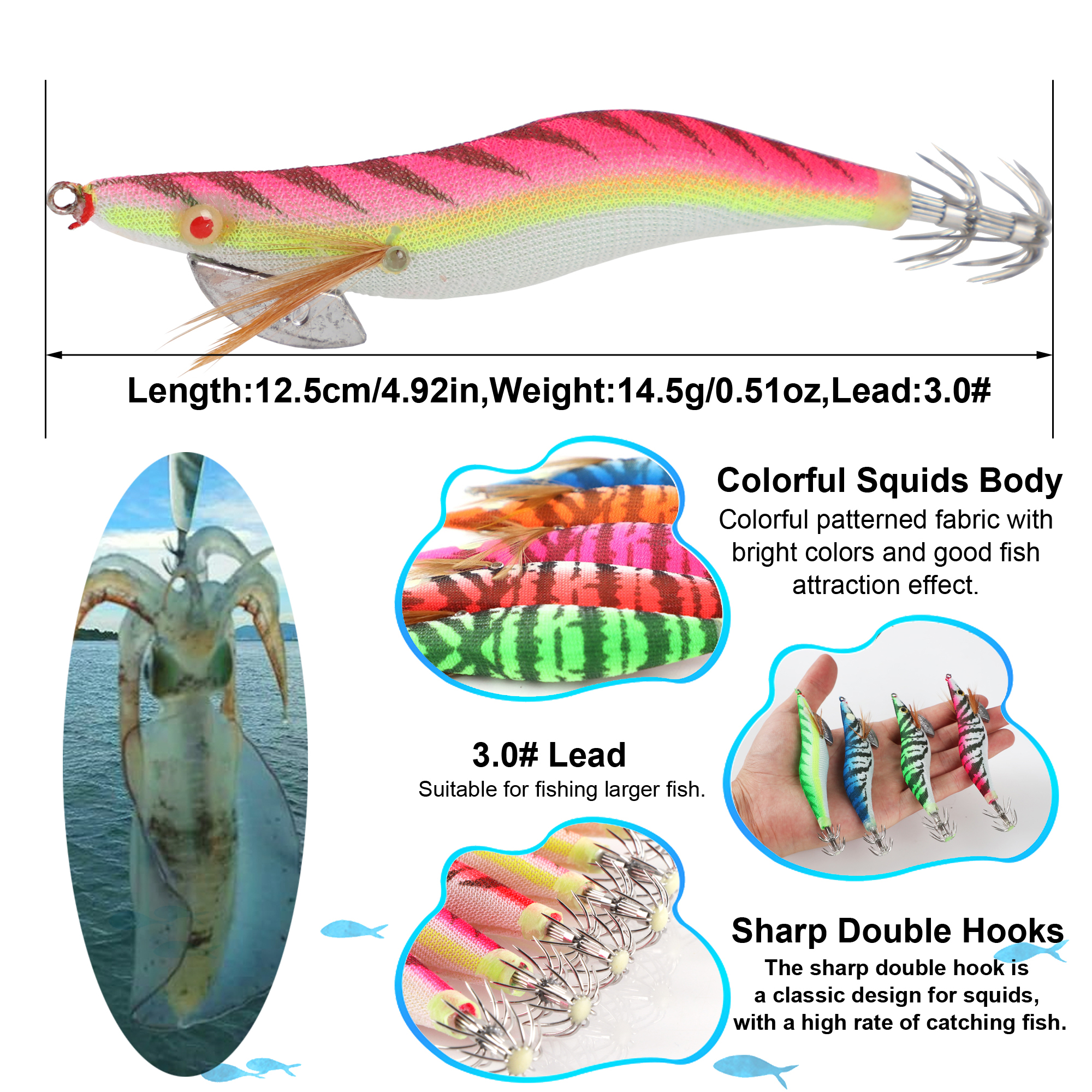 FREE FISHER Fishing Squid Jigs 12.5cm 14.5g Saltwater Fishing Lures Luminous Wood Shrimp Prawn with 3D Eyes Fake Glow Bait for Octopus Cuttlefish