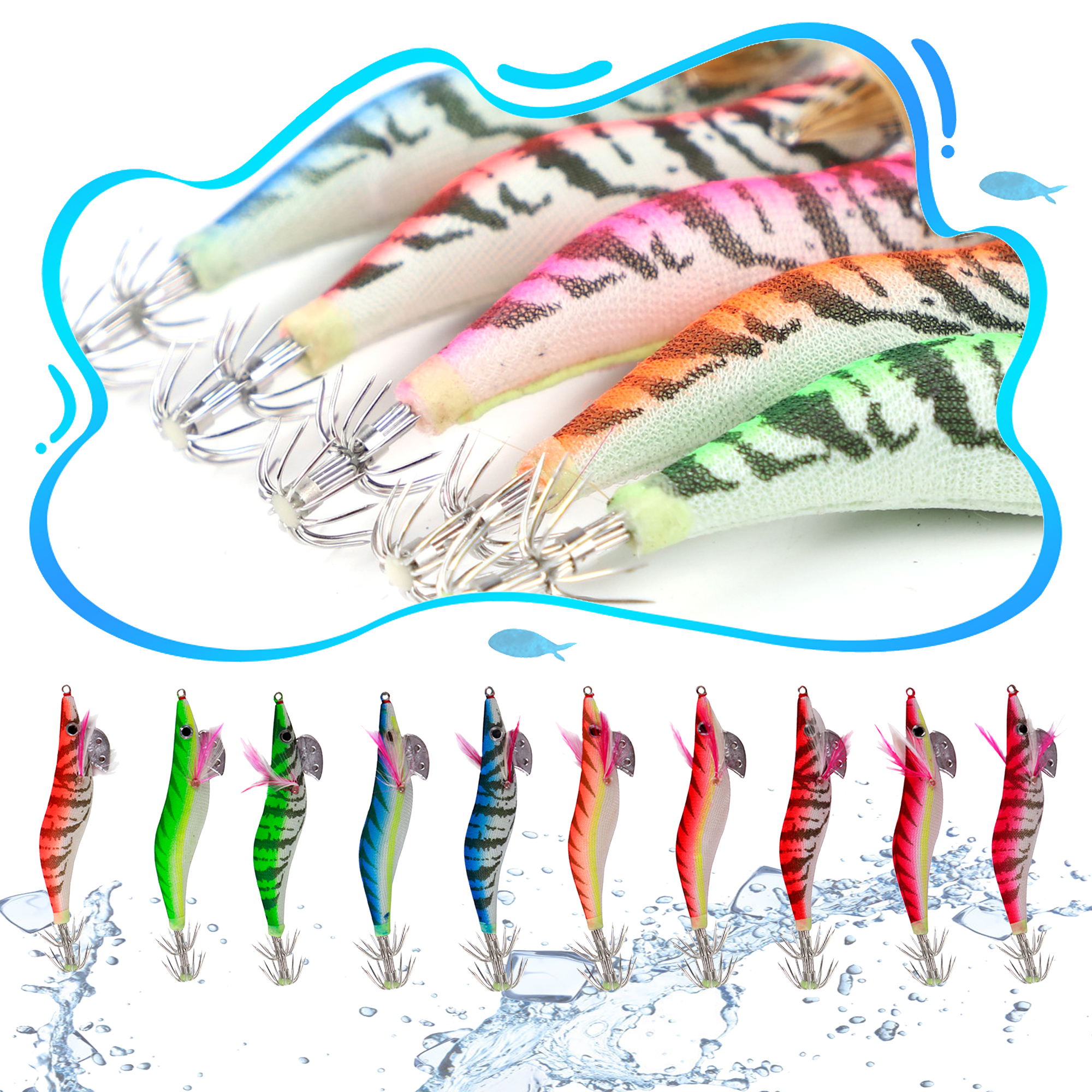 FREE FISHER Fishing Squid Jigs 12.5cm 14.5g Saltwater Fishing Lures Luminous Wood Shrimp Prawn with 3D Eyes Fake Glow Bait for Octopus Cuttlefish